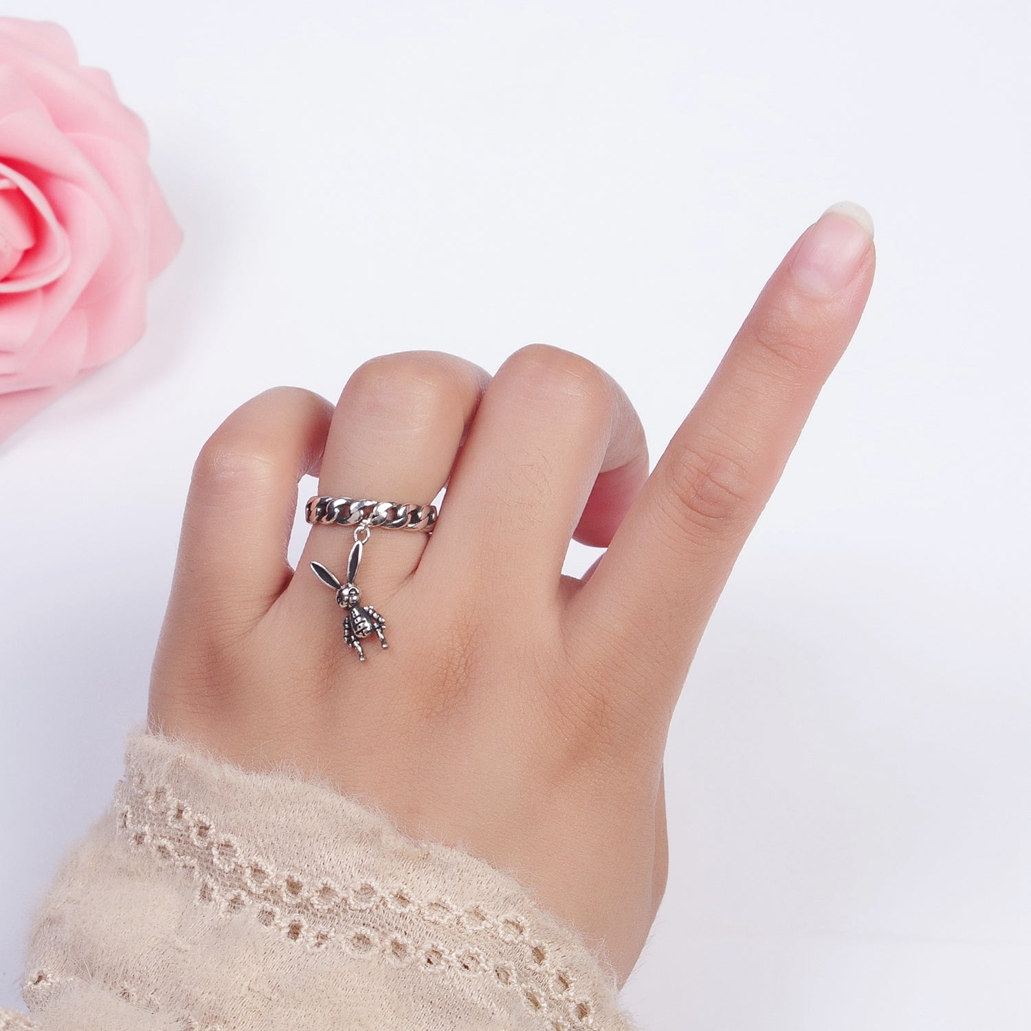 White Gold Filled Curb Chain Link with Rabbit Bunny Charm Adjustable Silver Ring | X577 - DLUXCA