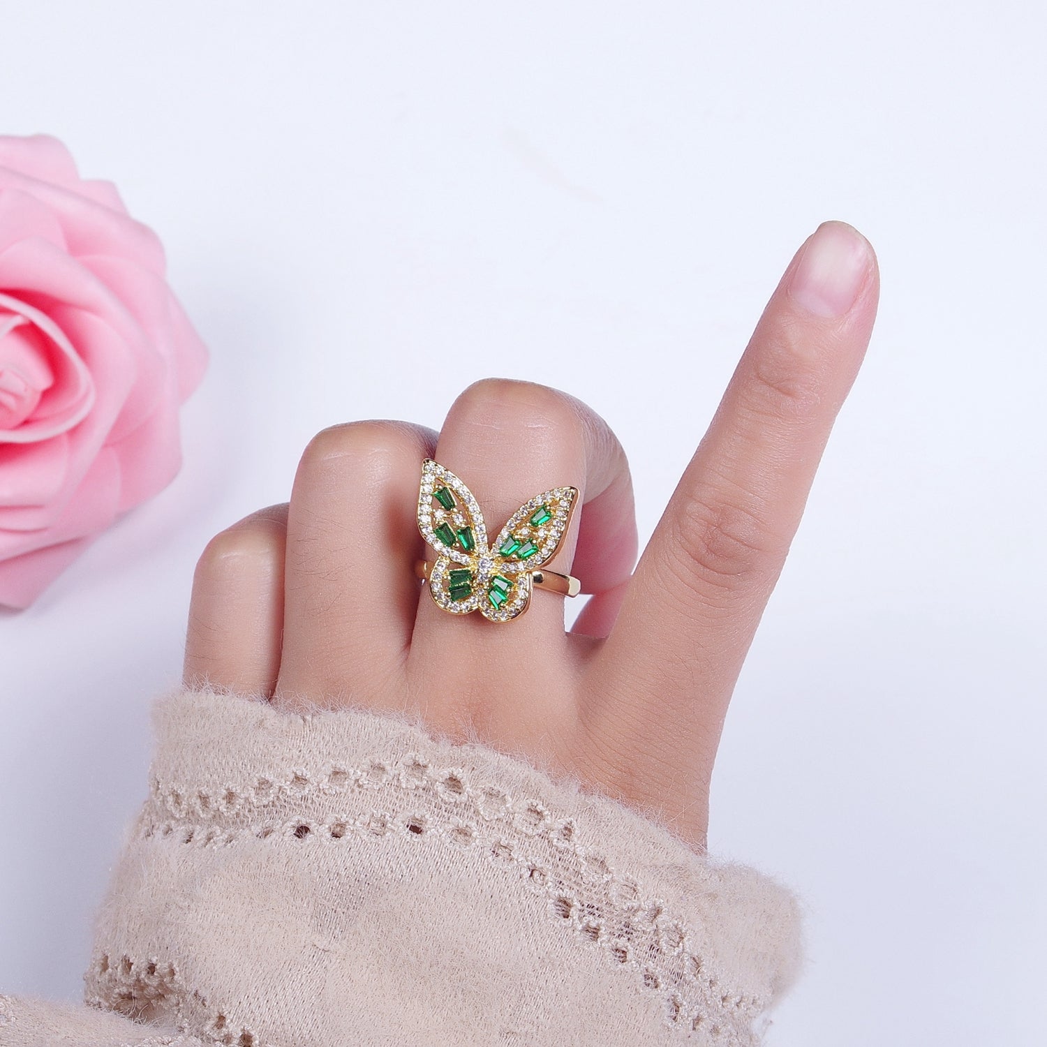 Micro Paved Gold Green Baguette Mariposa Butterfly Adjustable Ring | Y361 - DLUXCA