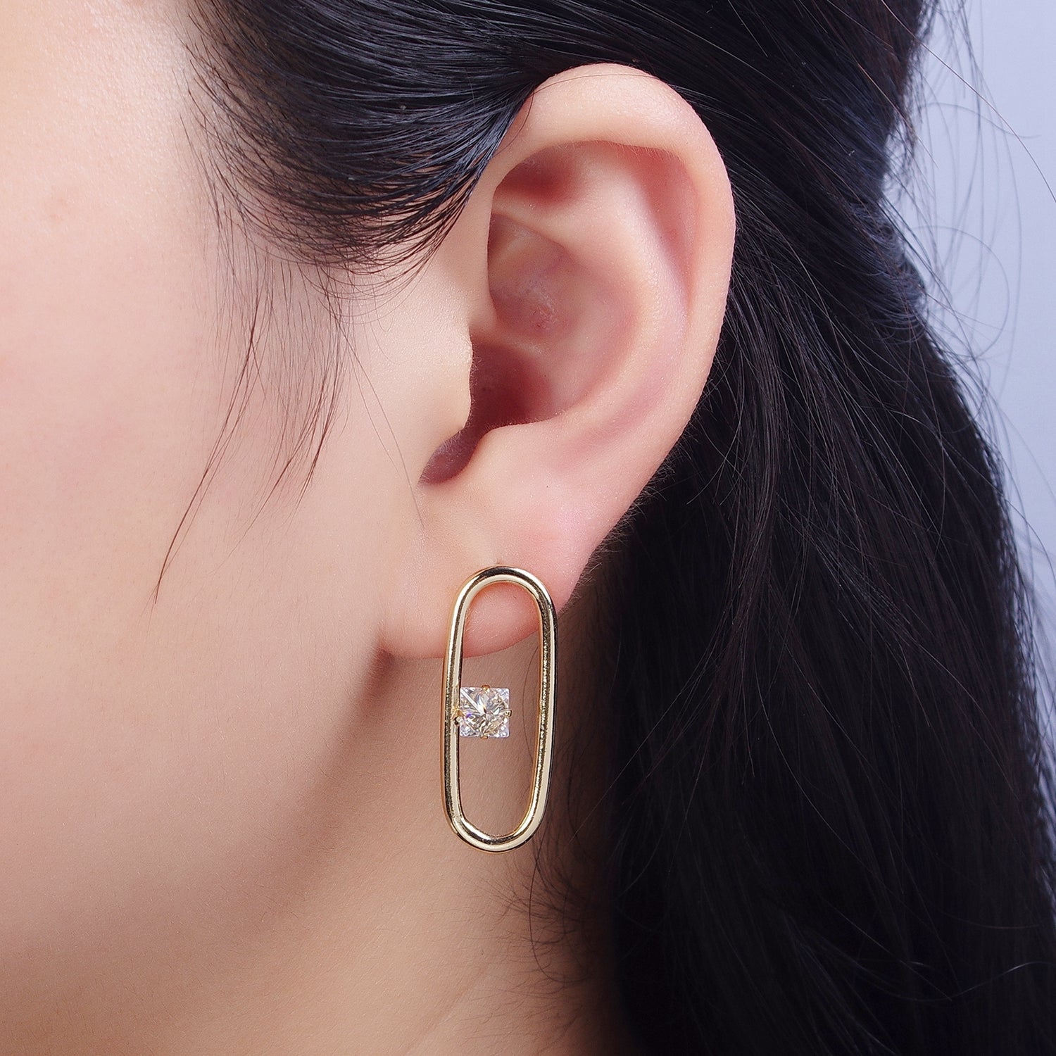 14K Gold Filled Minimalist Stud Earring Oval with Dainty Cubic Zirconia Crystal, Perfect for Everyday Wear or Gift | X913 - DLUXCA