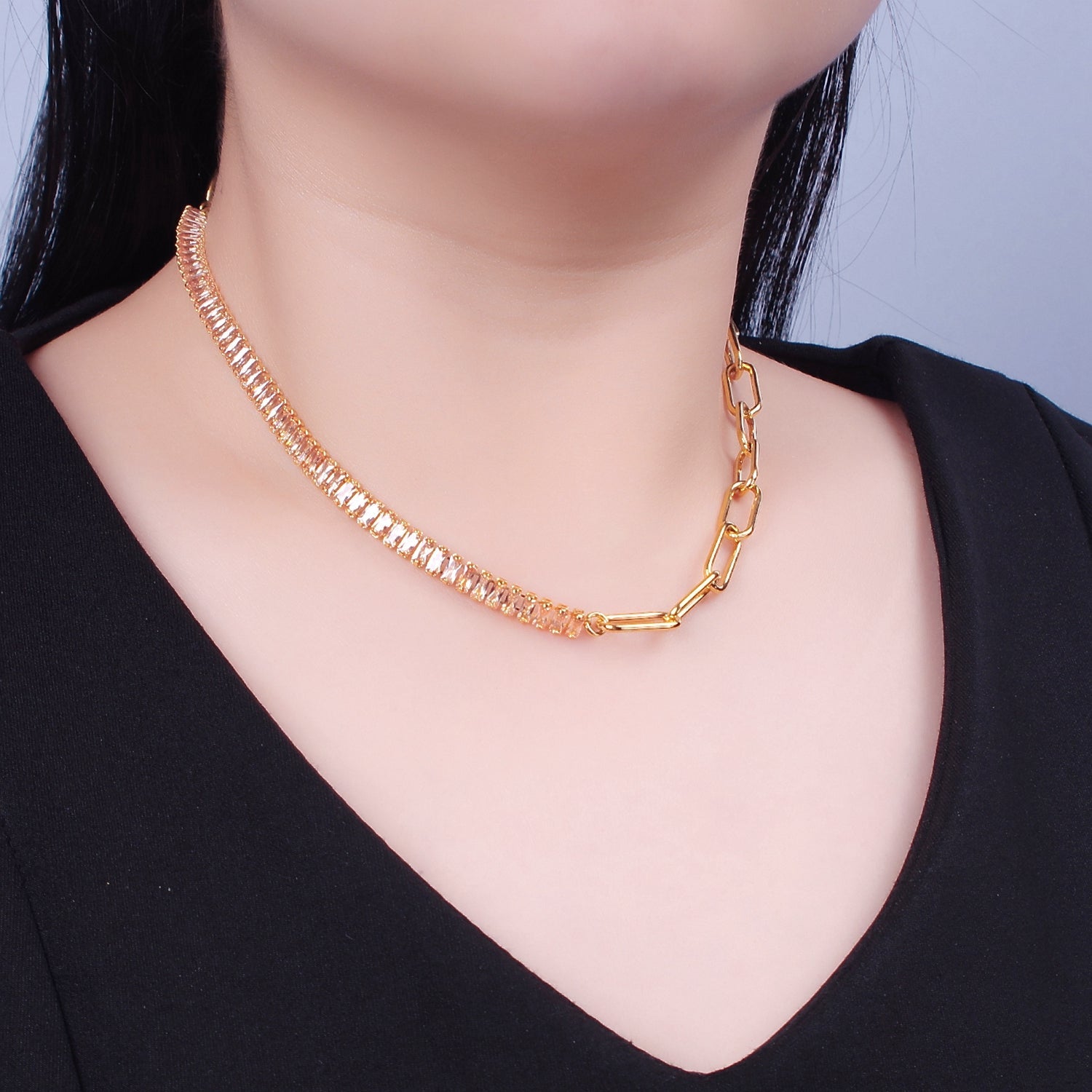 Minimalist Tennis Baguette Necklace 24k gold Filled cz paperclip chain necklace, large link tennis chain  WA-947 WA-948 - DLUXCA