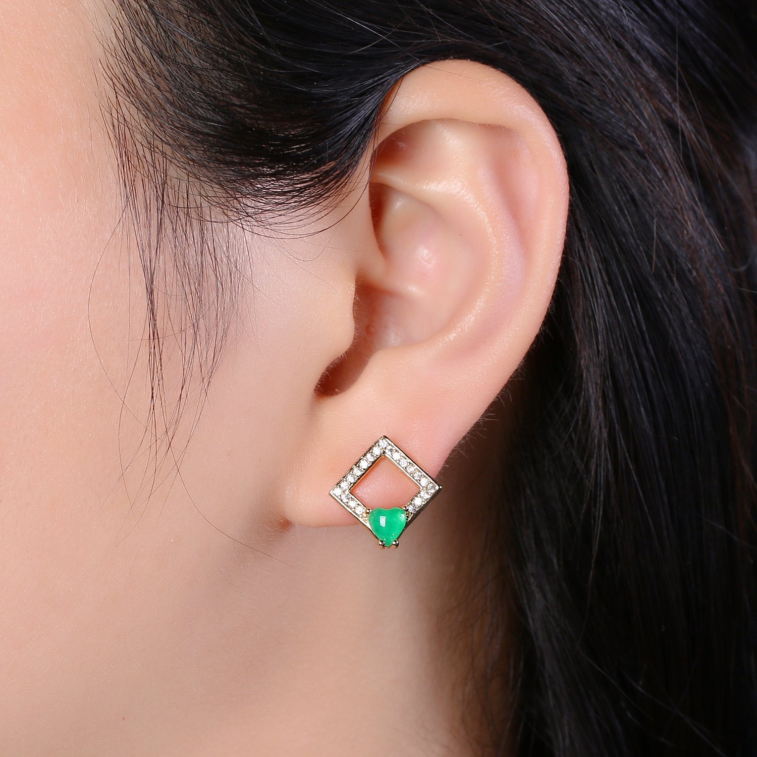 Golden Zirconia Crystal Green Heart Square Studs Earring CZ Geometric Heart Earring Jewelry GP-647 - DLUXCA