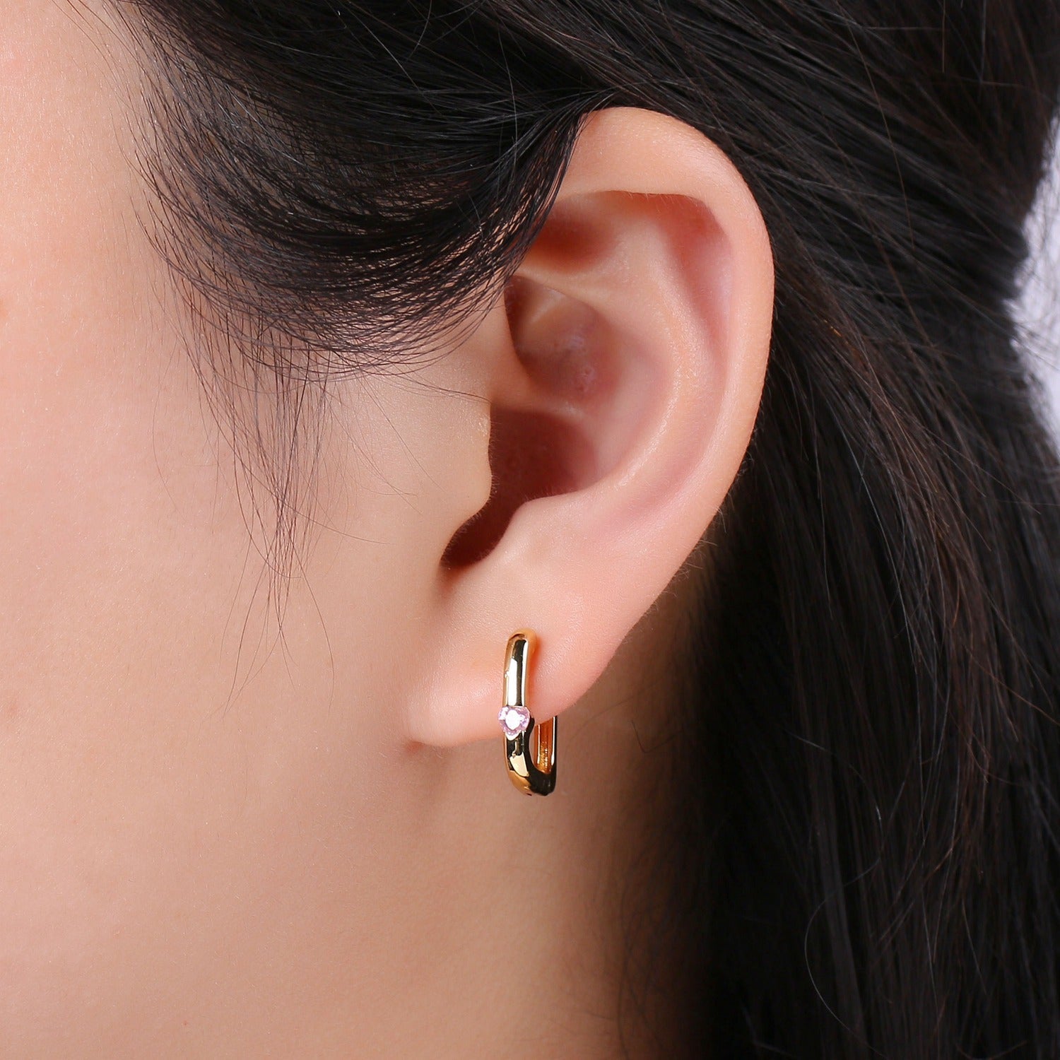 1x Square Hoop Earring with Cz , U-Shape Gold Hoops, 14k Gold Filled Huggie Earrings, Geometric Huggies, Oval Hoop earrings, Mini hoops. - DLUXCA