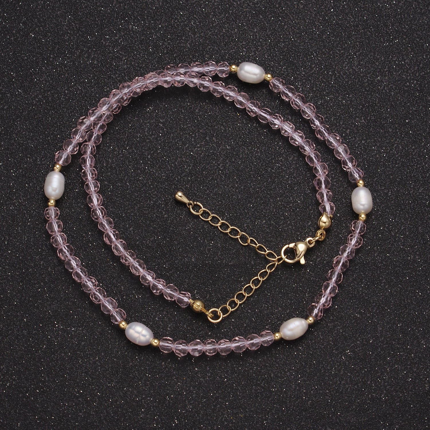 Pearl with Pink Glass Beaded Necklace, Rose Quartz Faceted Rondelle Beads Necklace WA-586 - DLUXCA