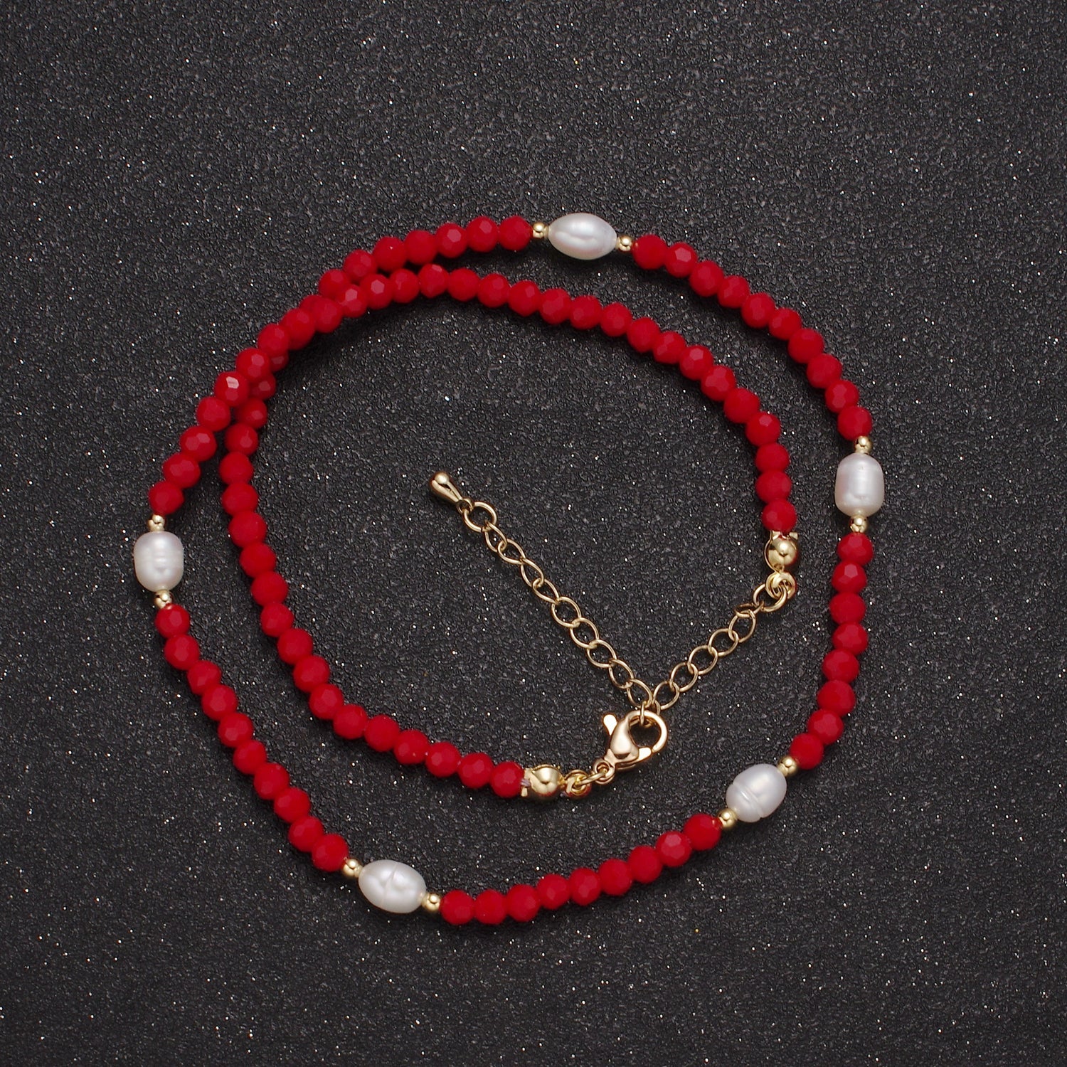 Pearl with Red Glass Beaded Necklace, Red Faceted Rondell Beads Necklace WA-590 - DLUXCA