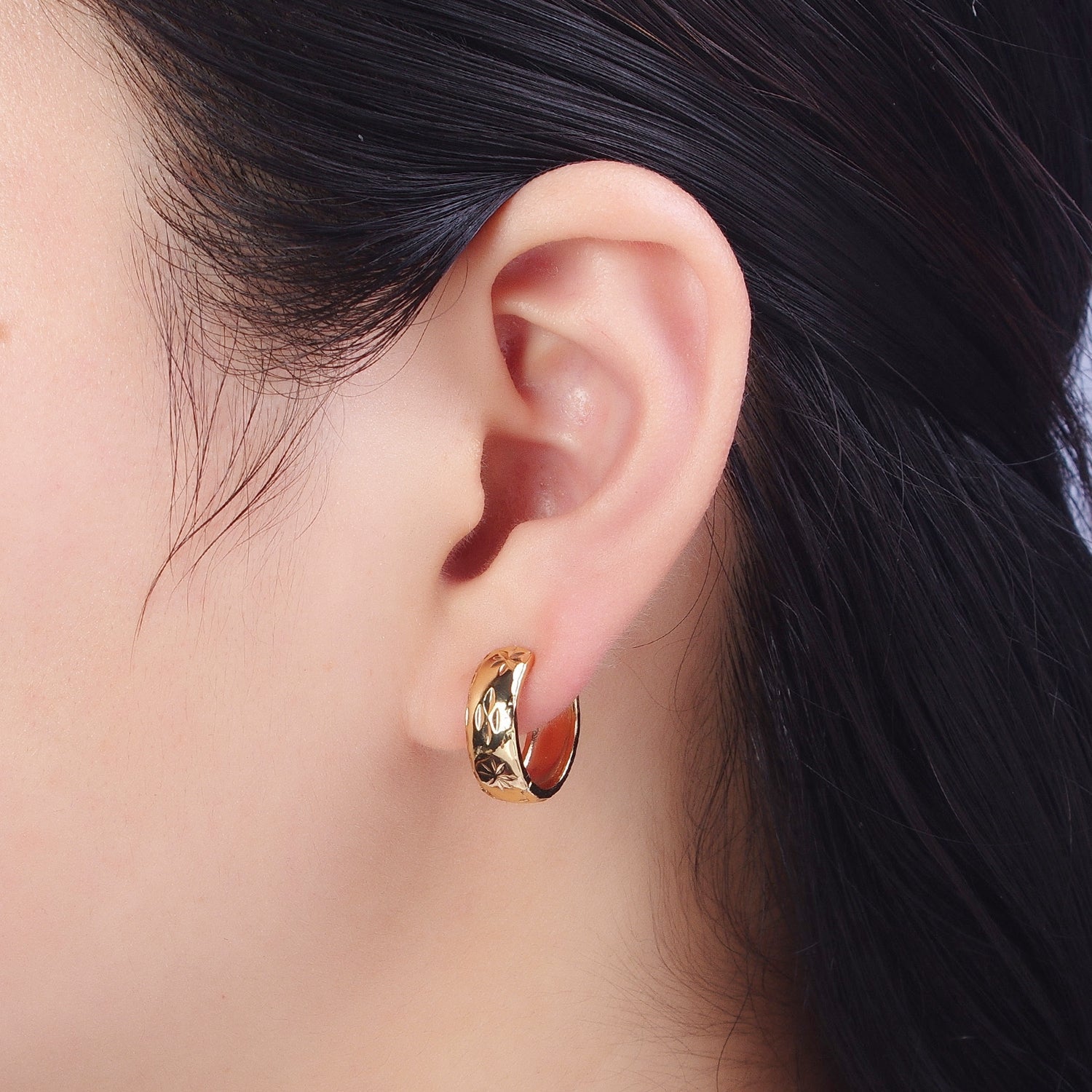 Gold Earrings with Textured North Star Carved Wide Small Huggie Hoop Earrings - X828 - DLUXCA