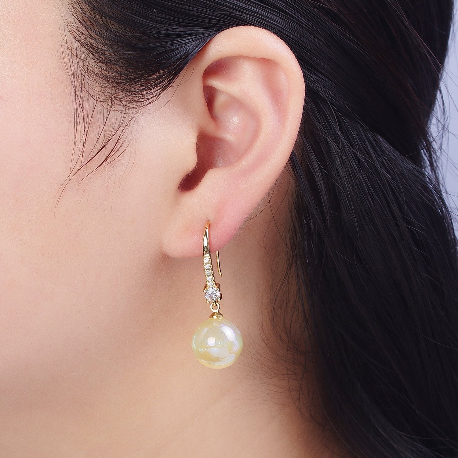 24K Gold Filled Micro Pave CZ Dangle Earrings with Round Ball Pastel AB Color Drop X819 - DLUXCA