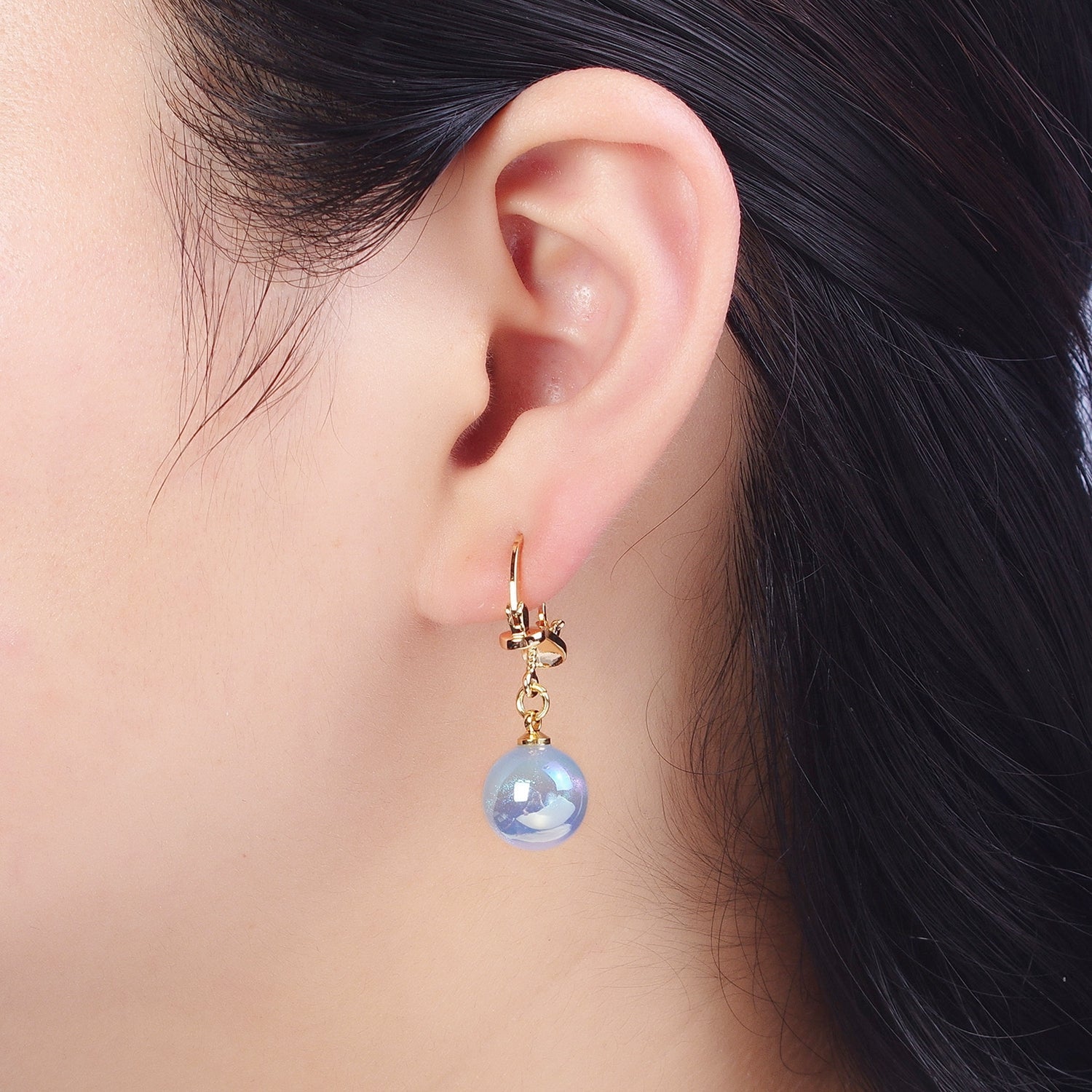 24K Gold Filled Leverback Earrings Small Hoop Earrings with Round Ball Pastel AB Color Drop Q216 - DLUXCA