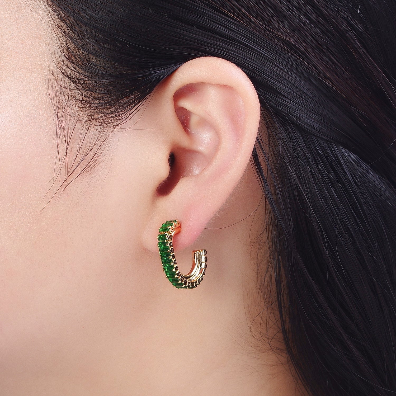 24K Gold Filled Baguette Cubic Zirconia J Shaped Open Hoop Stud Earrings Q131 Q135 Q142 Q143 Q145 Q146 Q147 Q148 - DLUXCA