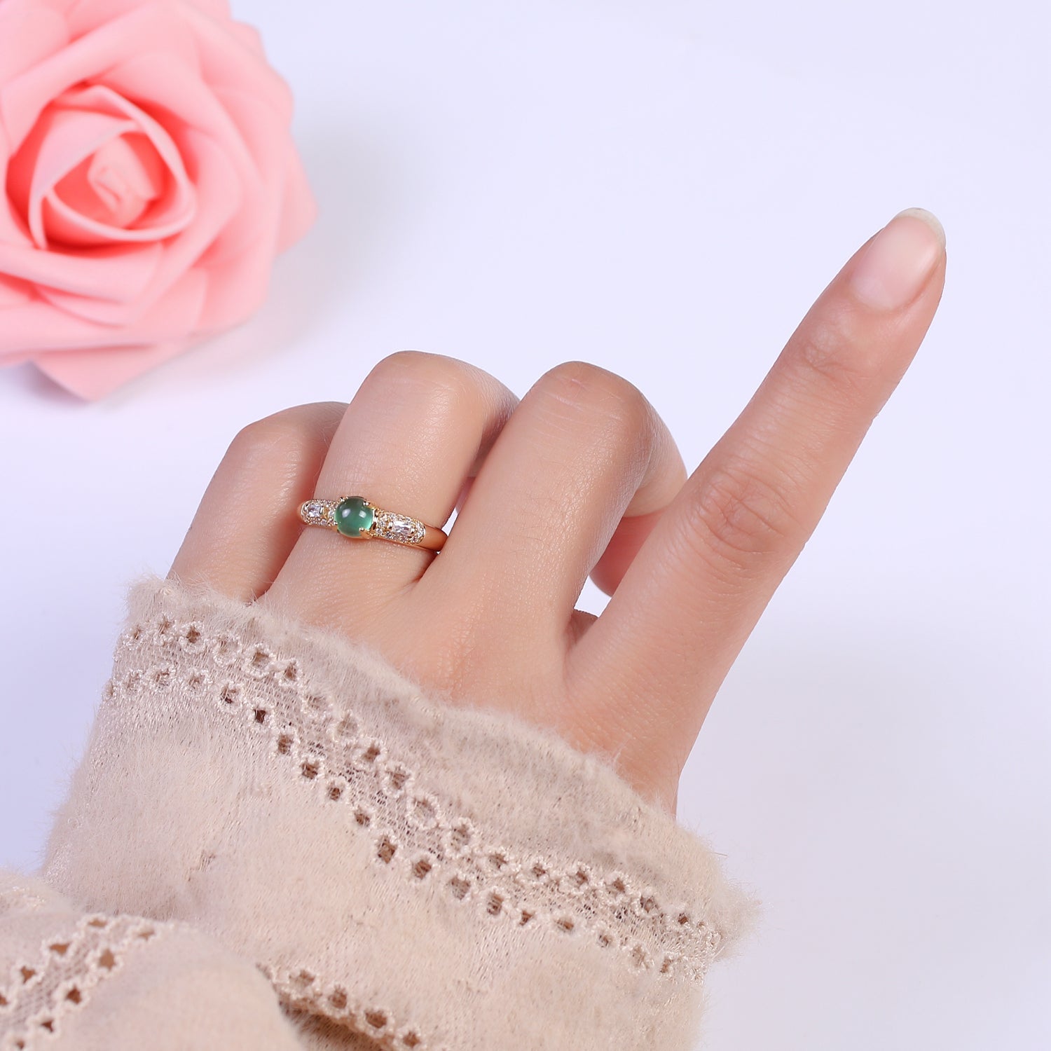 24K Gold Filled Green Stone on Micro Pave CZ Crystal Cubic Zirconia  Adjustable Open Ring S-355 - DLUXCA