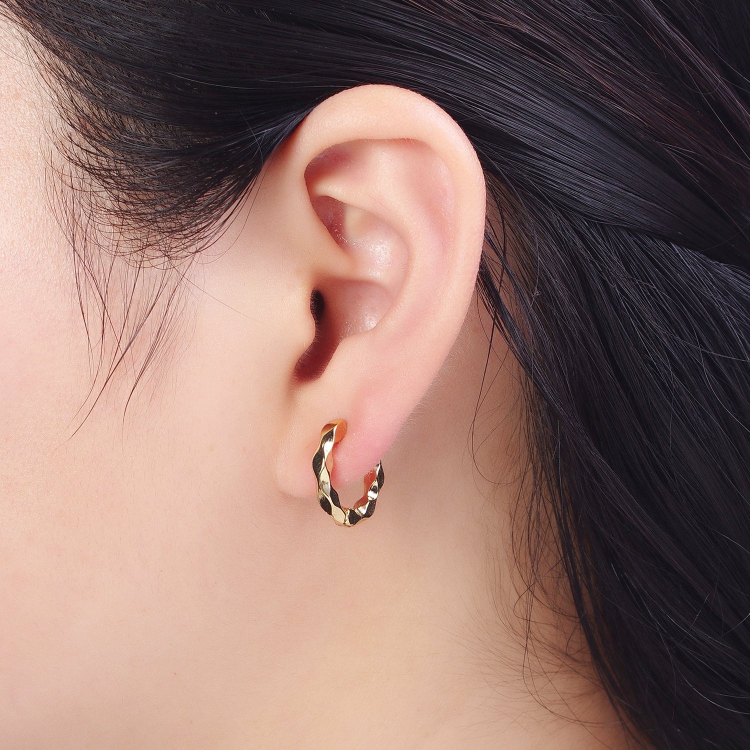 16mm Flat Twist Geometric Gold Huggie Hoops Earrings | C831 - DLUXCA