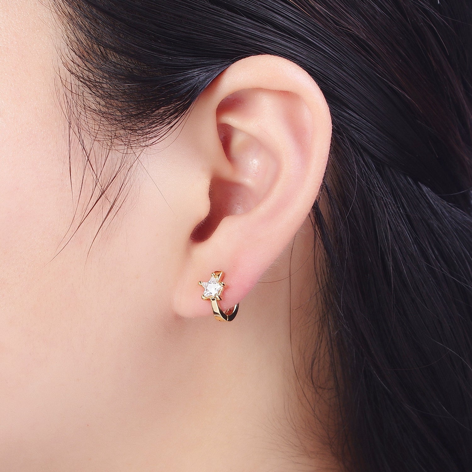 Dainty Celestial Star Cubic Zirconia Gold 12mm Huggie Hoop Earrings | Q161 - DLUXCA