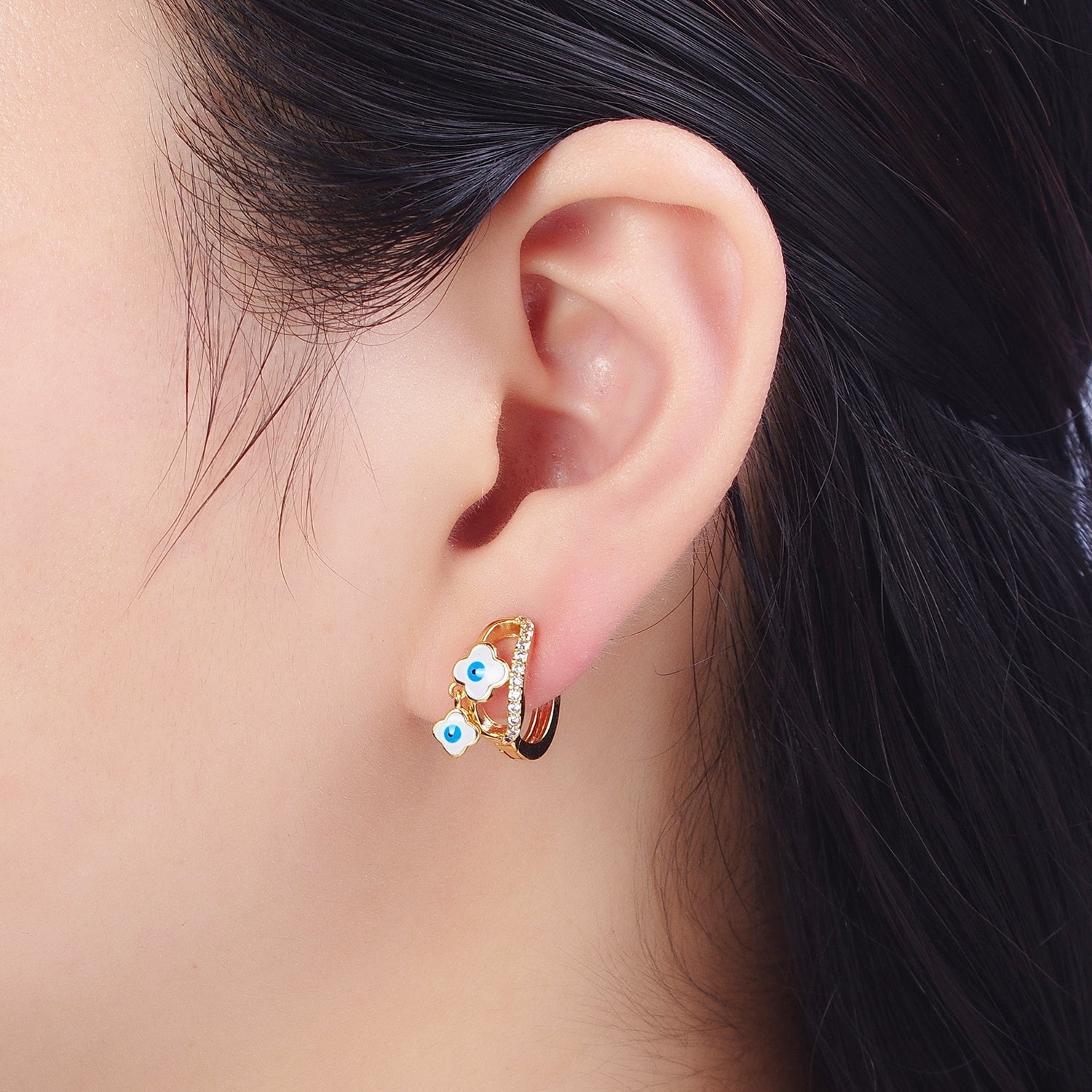 24K Gold Filled Enamel Evil Eye Quatrefoil Clover-Shaped Dangle Micro Paved CZ Huggie Hoop Earrings | X837-X839 - DLUXCA