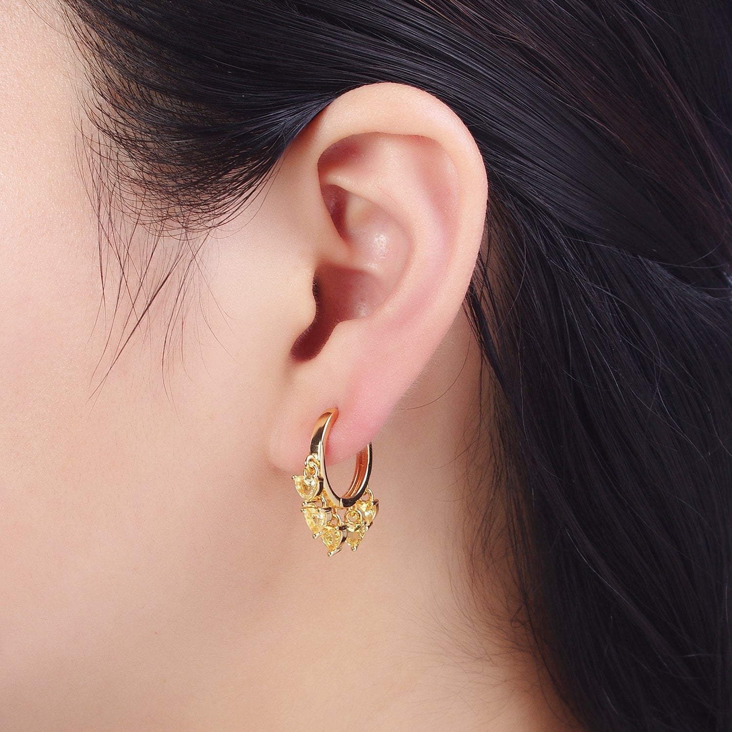24K Gold Filled Four Heart Cubic Zirconia Charm Huggie Hoop Earrings T108-T111 X835 X836 - DLUXCA