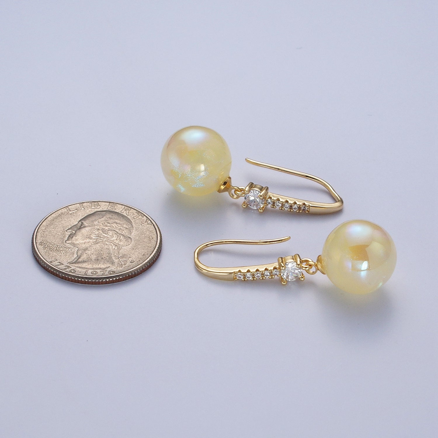 24K Gold Filled Micro Pave CZ Dangle Earrings with Round Ball Pastel AB Color Drop X819 - DLUXCA