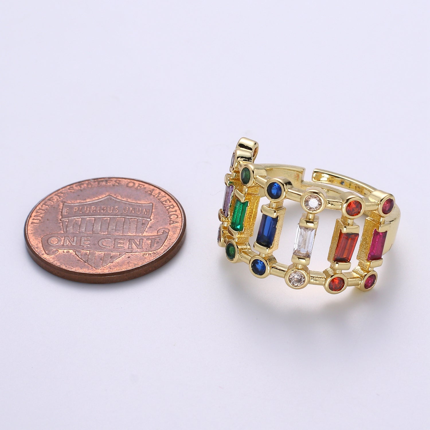 Chunky Baguette Ring, Rainbow Gold Baguette Ring, Colorful Baguette Ring, Multi Color Adjustable Ring, EVeryday Wear Women Ring - DLUXCA