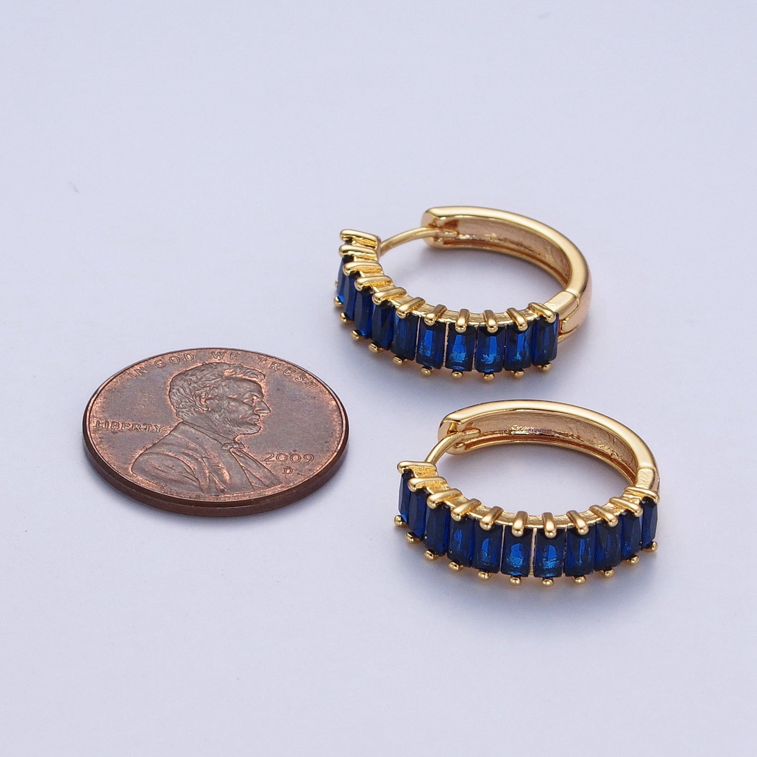 24K Gold Filled Fuchsia, Black. Blue Baguette Cubic Zirconia 18mm Huggie Hoop Earrings | X824 X825 X826 - DLUXCA