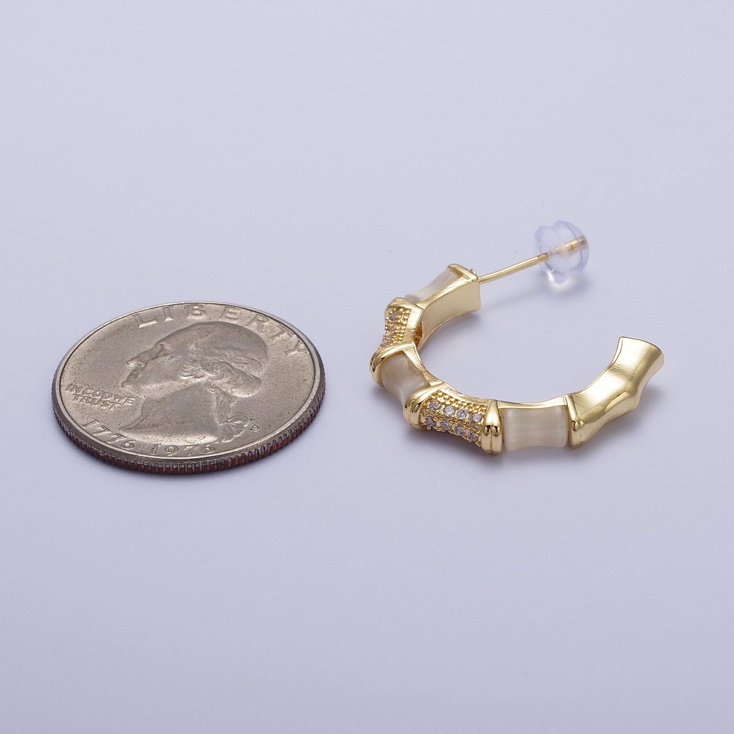 14K Gold Filled Micro Paved CZ White Cats Eye Bamboo C Shaped Stud Earrings | Y084 - DLUXCA