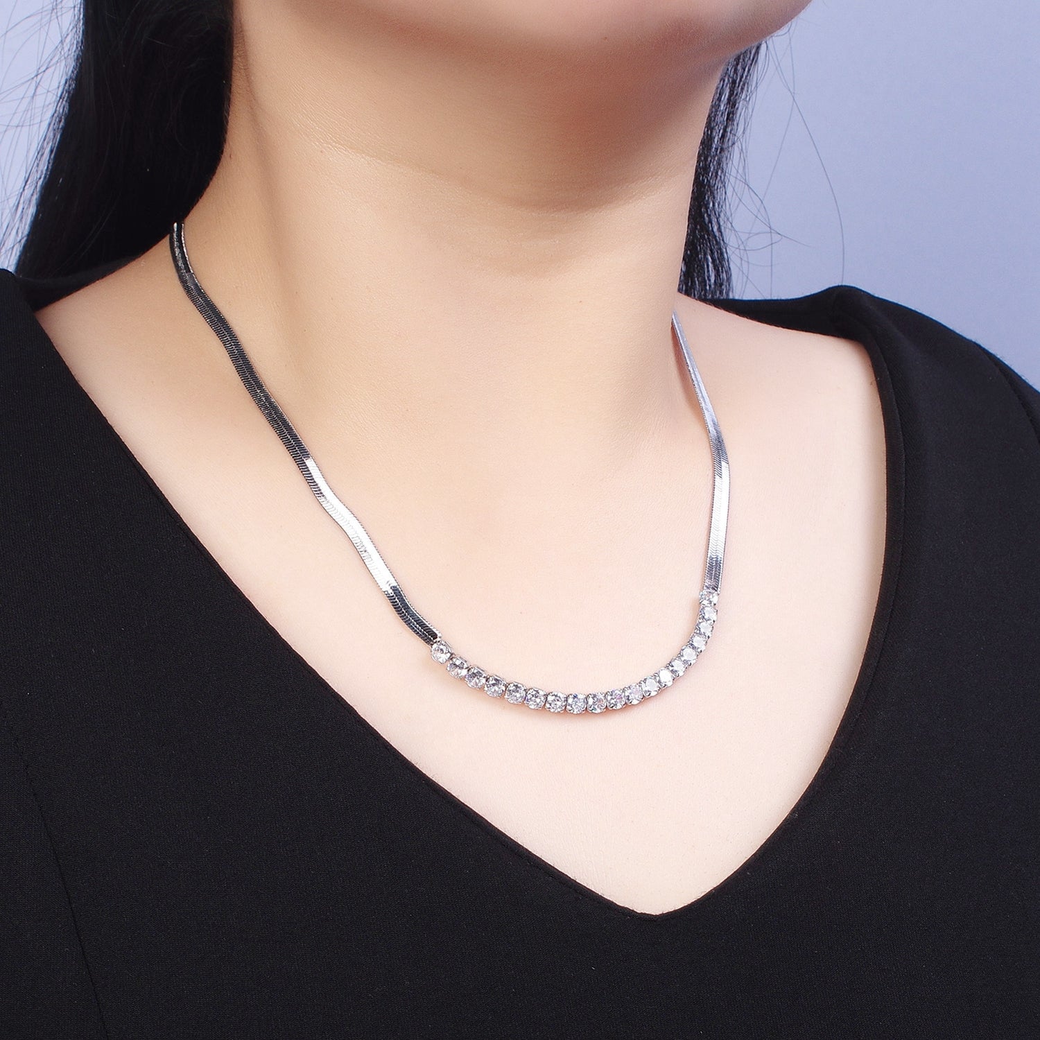 Clear Cubic Zirconia Mixed Tennis Herringbone Chain Necklace in Silver & Gold | WA-1086 WA-1087 - DLUXCA