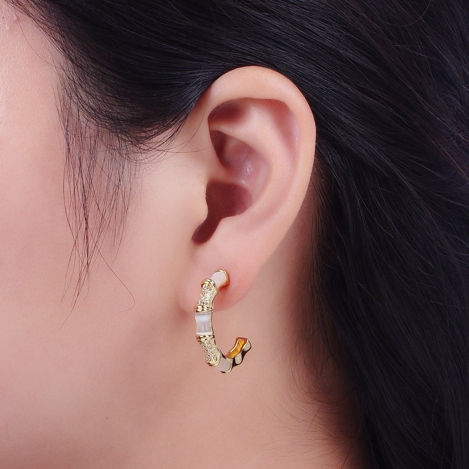 14K Gold Filled Micro Paved CZ White Cats Eye Bamboo C Shaped Stud Earrings | Y084 - DLUXCA