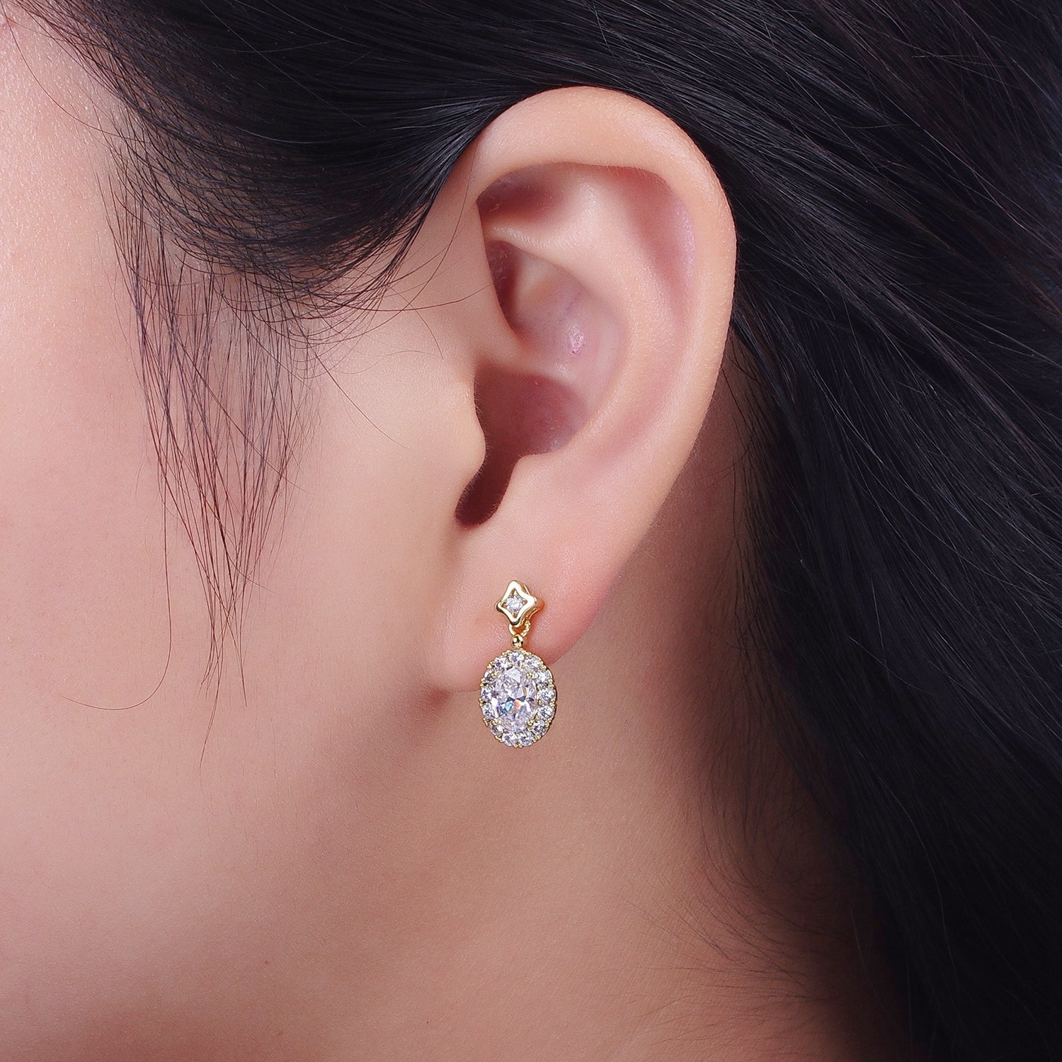 Clear Micro Paved Oval CZ Star Stud Drop Dangle Gold Earrings | Y190 - DLUXCA