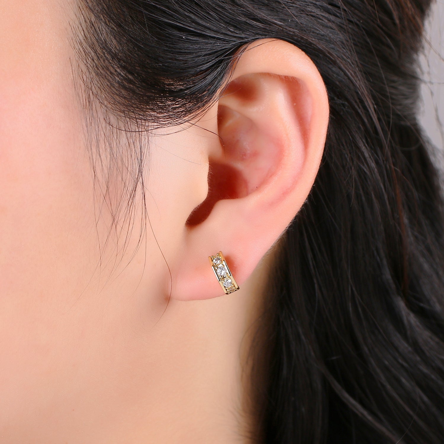 Dainty Gold Stud earring in Micro Pave CZ Huggie Earring - DLUXCA