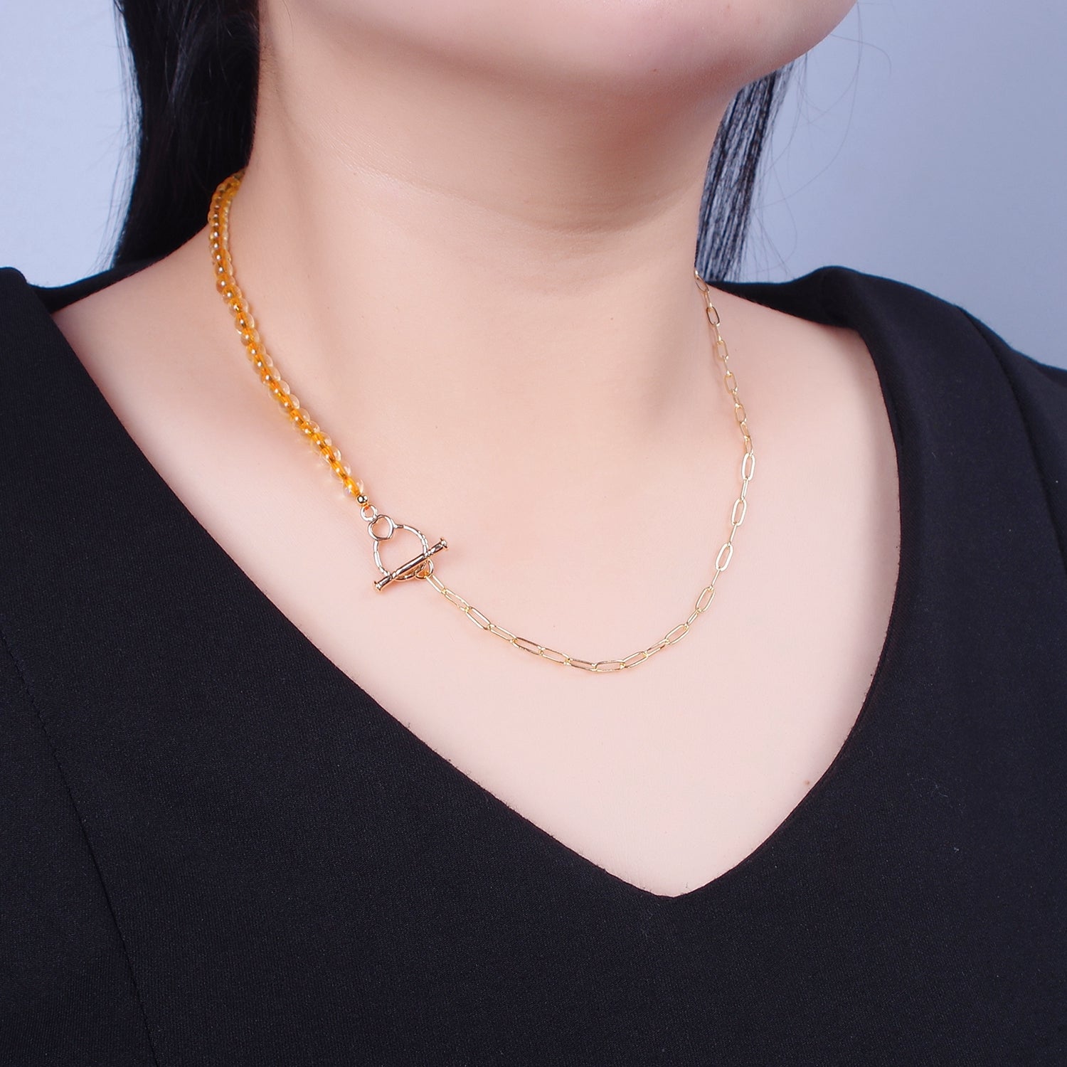 Dainty Half Bead Half Link Chain Necklace, 24k Gold Filled Paperclip Chain with Yellow Quartz Necklace WA-964 - DLUXCA