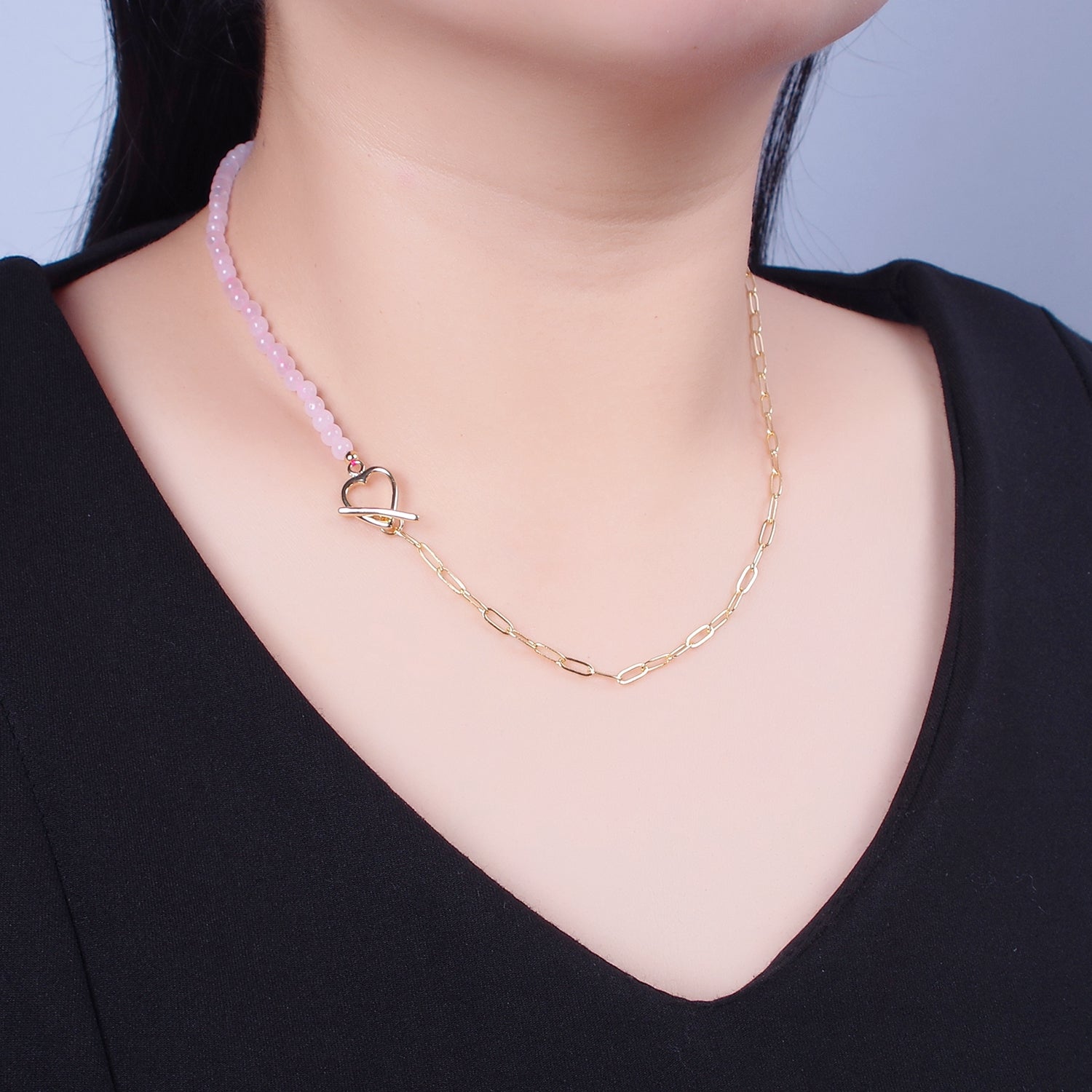 Dainty Half Bead Half Link Chain Necklace, 24k Gold Filled Paperclip Chain with Pink Quartz Necklace Heart Toggle Clasp WA-969 - DLUXCA