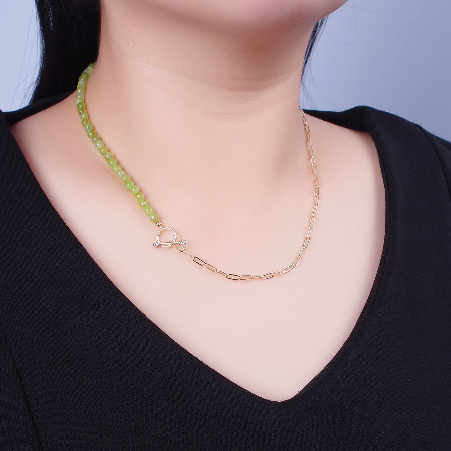 Dainty Half Bead Half Link Chain Necklace, 24k Gold Filled Paperclip Chain with Green Jade Necklace Toggle Clasp WA-960 - DLUXCA