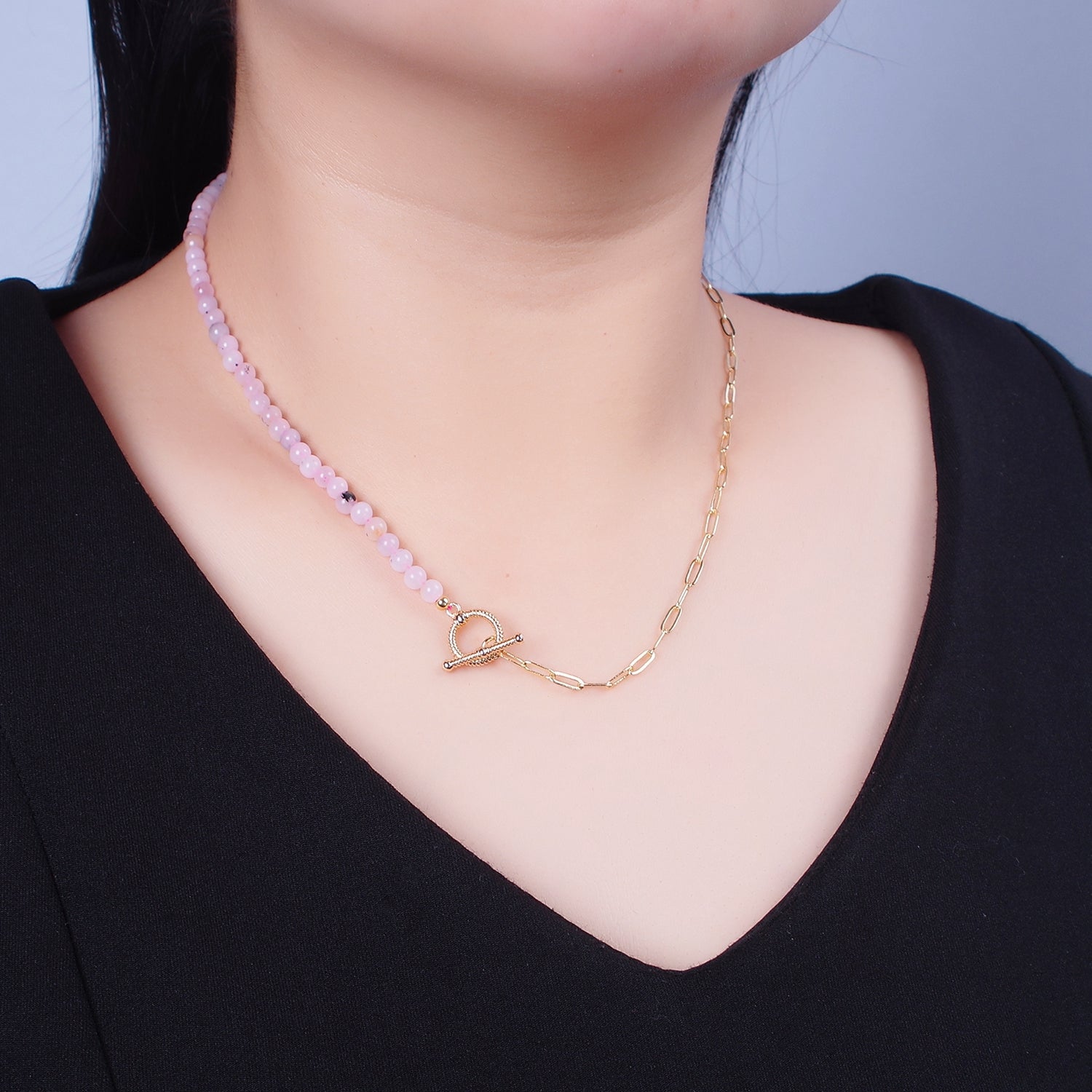 Dainty Half Bead Half Link Chain Necklace, 24k Gold Filled Paperclip Chain with Pink Jade Necklace Toggle Clasp WA-970 - DLUXCA