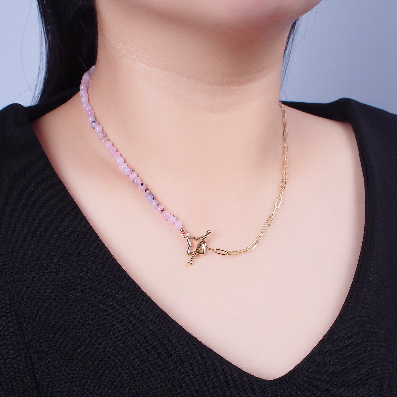 Dainty Half Bead Half Link Chain Necklace, 24k Gold Filled Paperclip Chain with Pink Jade Necklace Toggle Clasp WA-972 - DLUXCA
