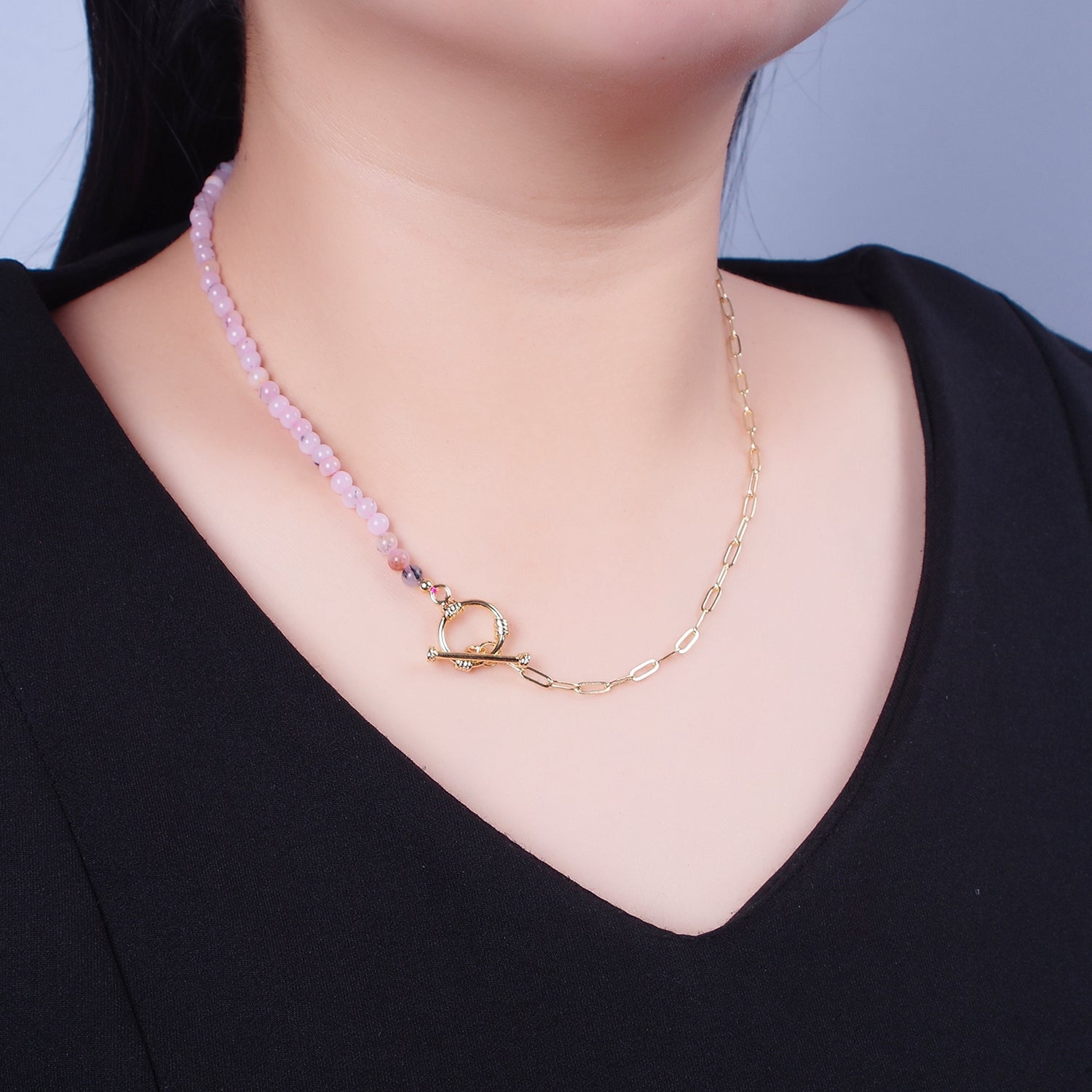 Dainty Half Bead Half Link Chain Necklace, 24k Gold Filled Paperclip Chain with Pink Jade Necklace Toggle Clasp WA-971 - DLUXCA