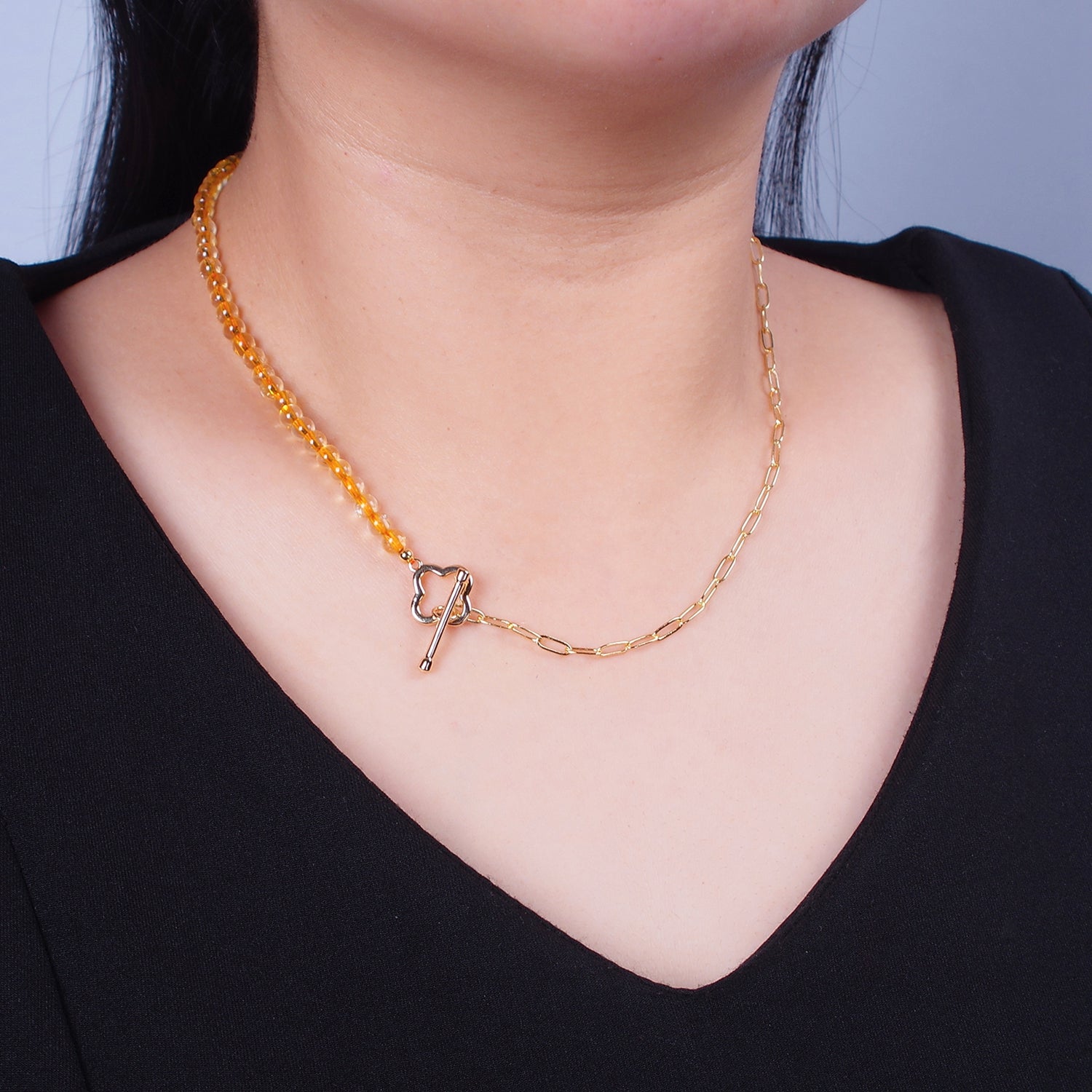 Dainty Half Bead Half Link Chain Necklace, 24k Gold Filled Paperclip Chain with Yellow Quartz Necklace WA-962 - DLUXCA