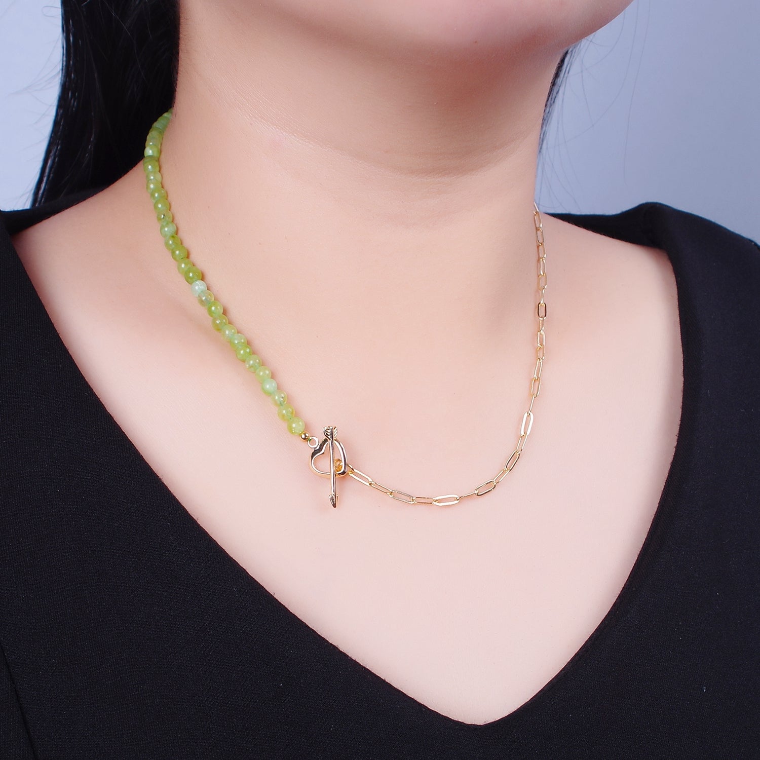 Dainty Half Bead Half Link Chain Necklace, 24k Gold Filled Paperclip Chain with Green Jade Necklace Heart Toggle Clasp WA-959 - DLUXCA