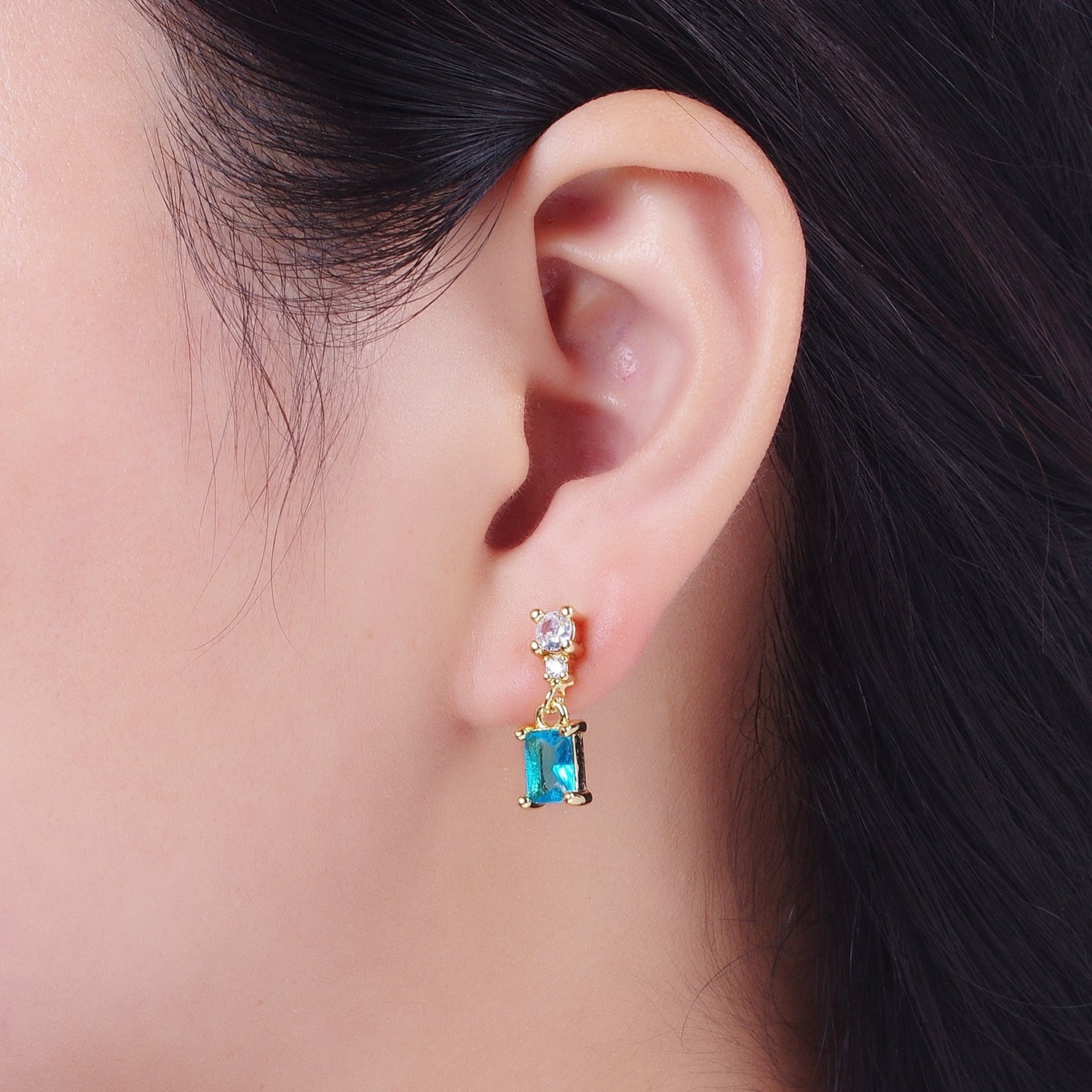 24K Gold Filled Aqua Blue Baguette Cubic Zirconia Dangle Drop Stud Earrings | Y119 - DLUXCA