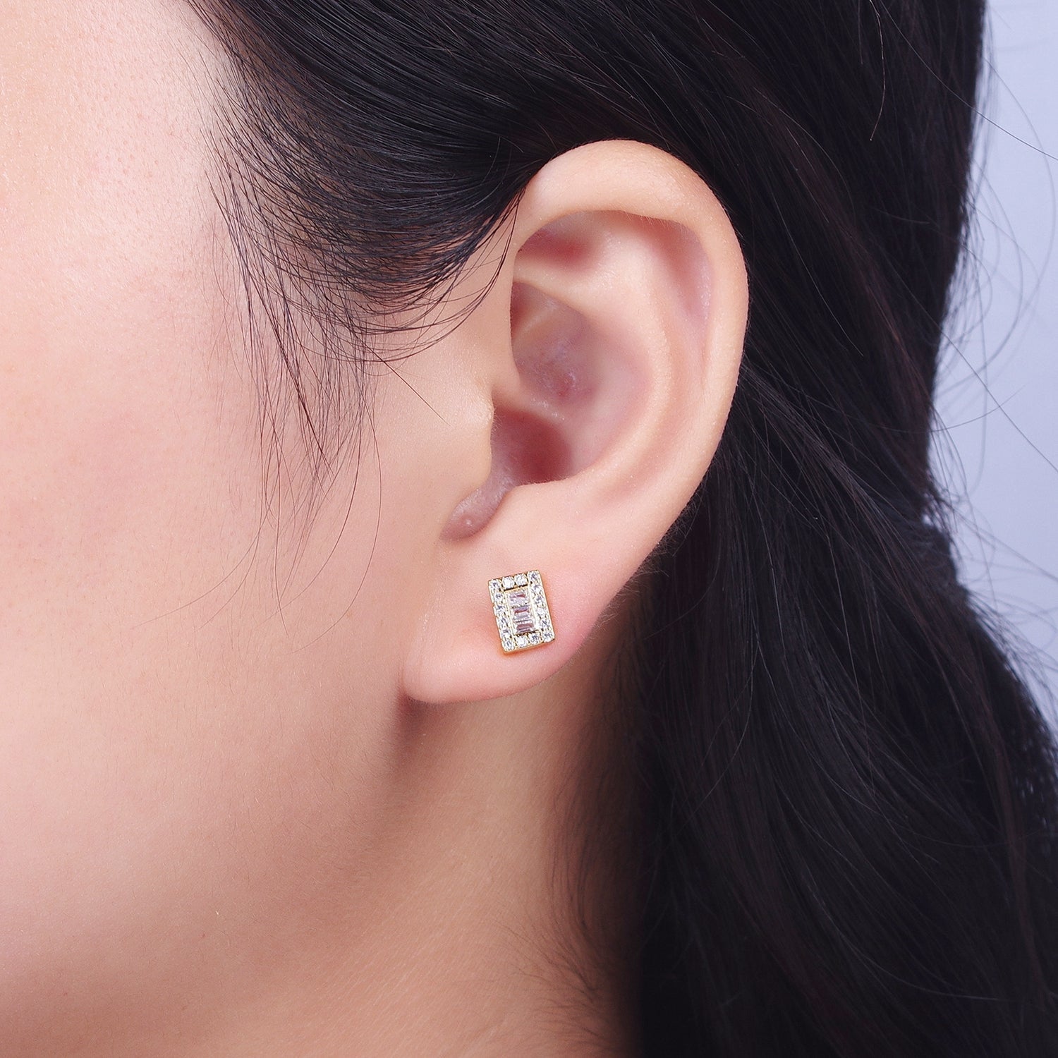 24K Gold Filled Micro Paved Baguette CZ Rectangular Bar Stud Earrings | Y103 - DLUXCA
