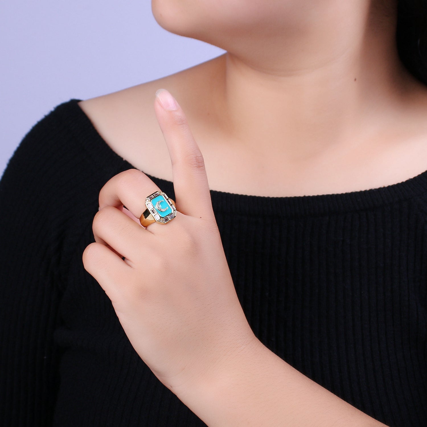 Crescent Moon Spinel Signet Ring Gold Chunky Ring Celestial Enamel Colorful Cz Jewelry - DLUXCA