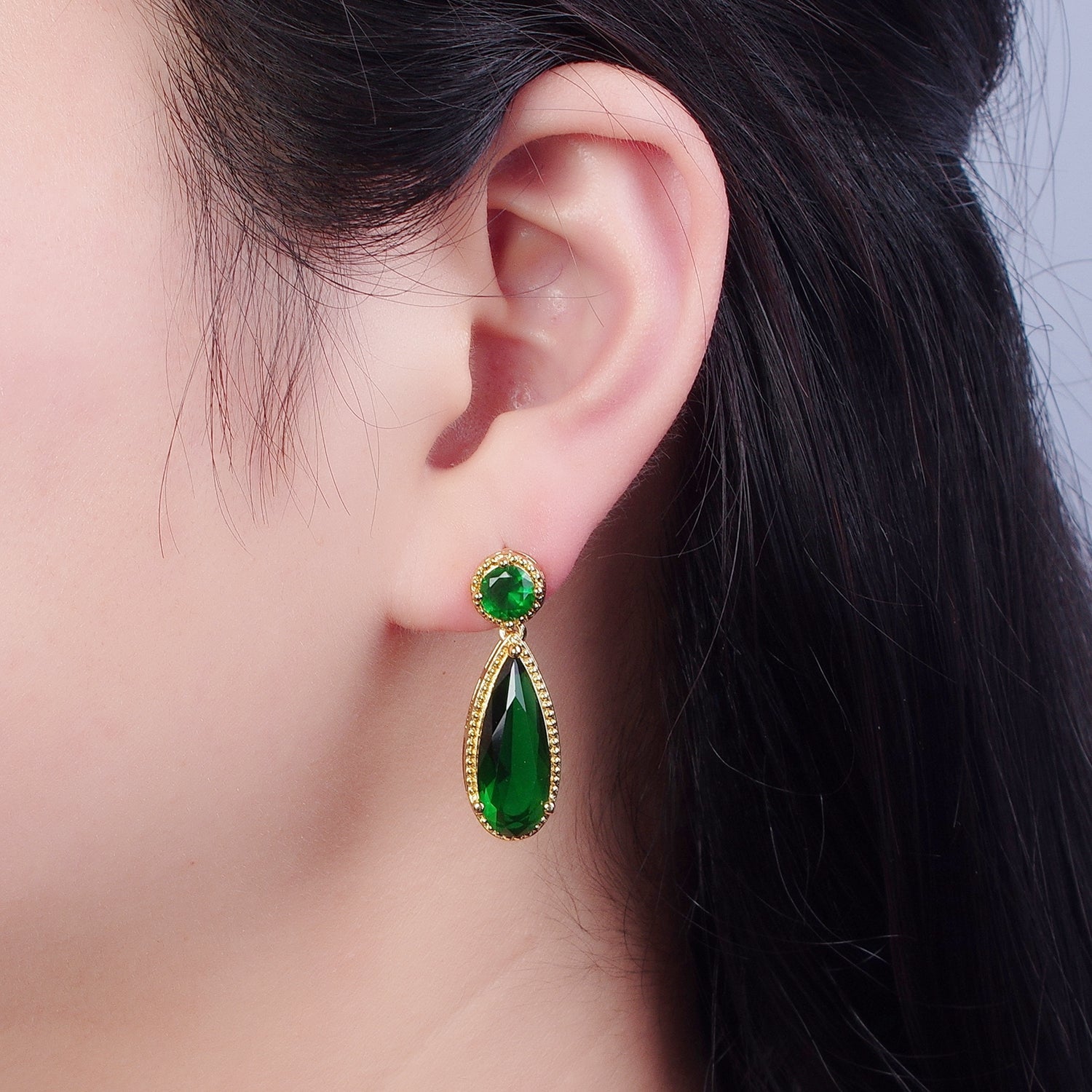24K Gold Filled Cubic Zirconia Teardrop Stud Earrings with Round CZ Post V402 - DLUXCA