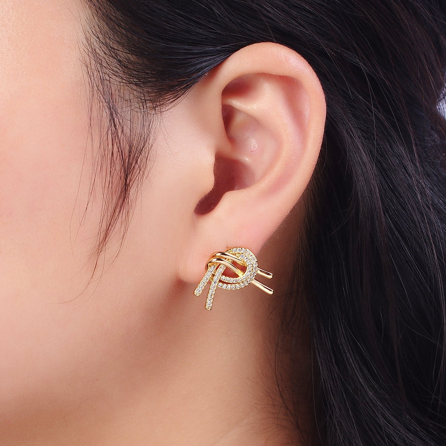 Gold Filled Double Band Micro Paved Geometric Heart Stud Earrings | Y148 - DLUXCA