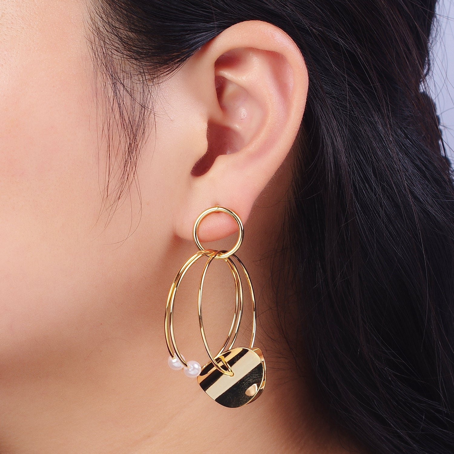 Gold Geometric Multiple Circle Hoop Pearl Drop Earrings | Y151 - DLUXCA