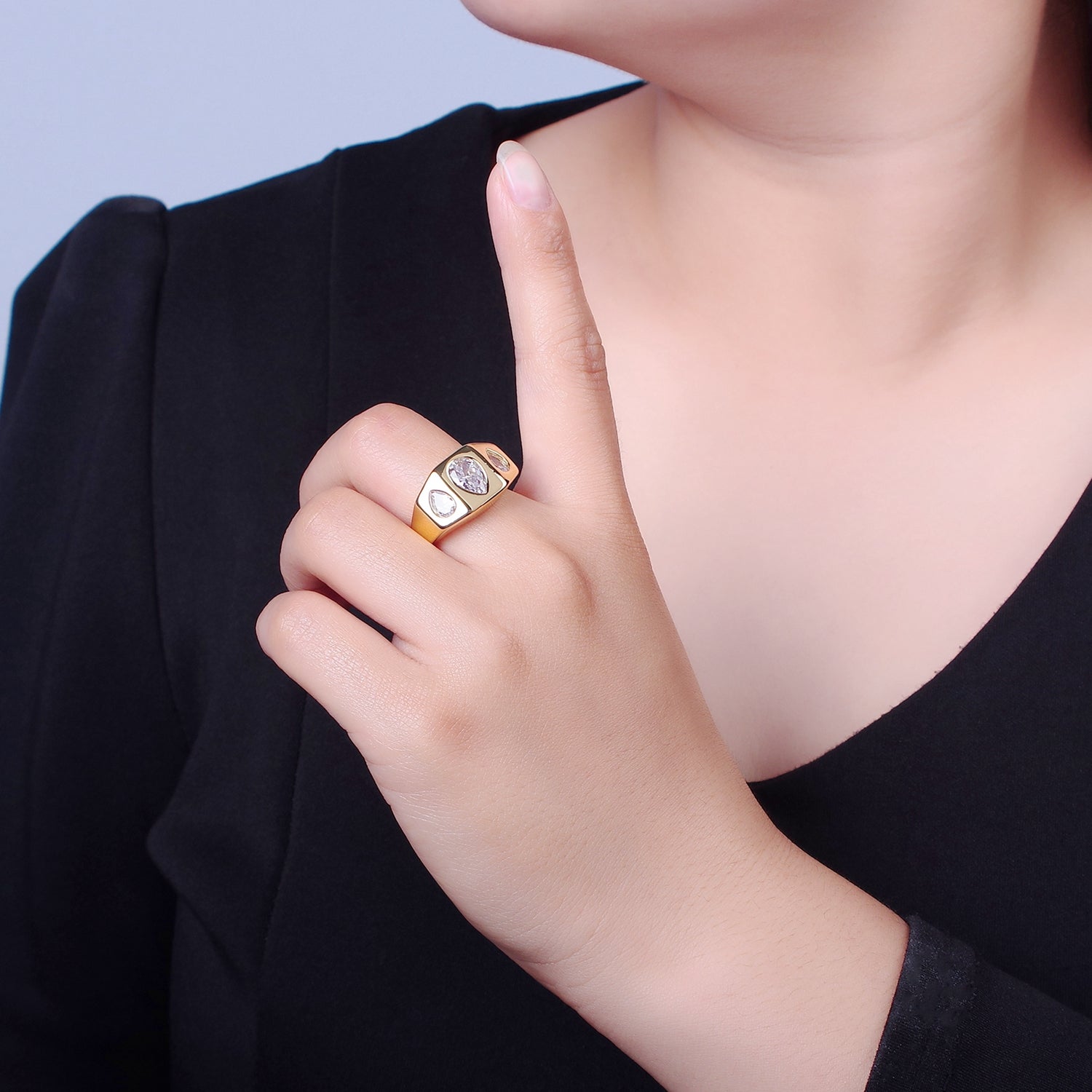 Bold Signet Ring Tear Drop CZ Stone For Statement Jewelry V-351 - DLUXCA