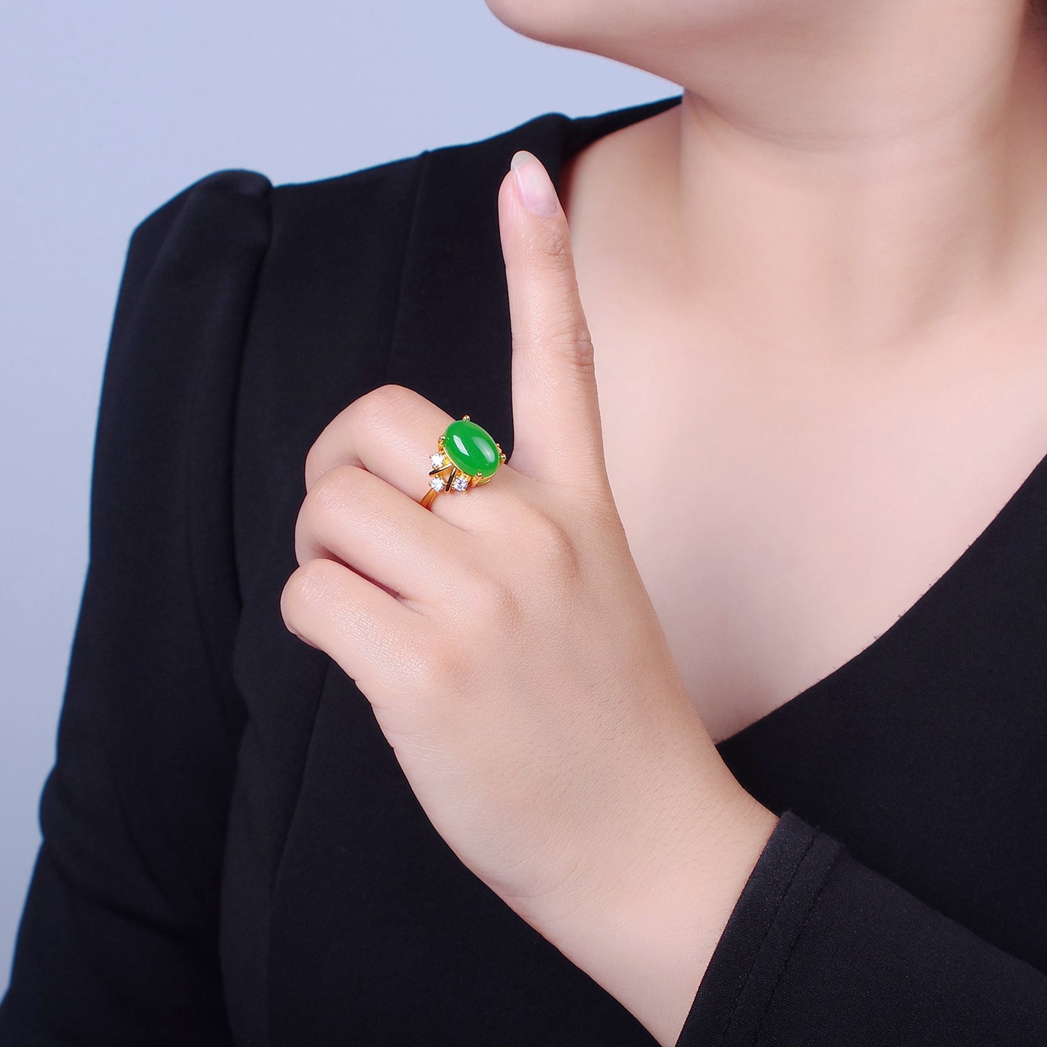 Oval Green Jade Statement Ring, V-539 - DLUXCA