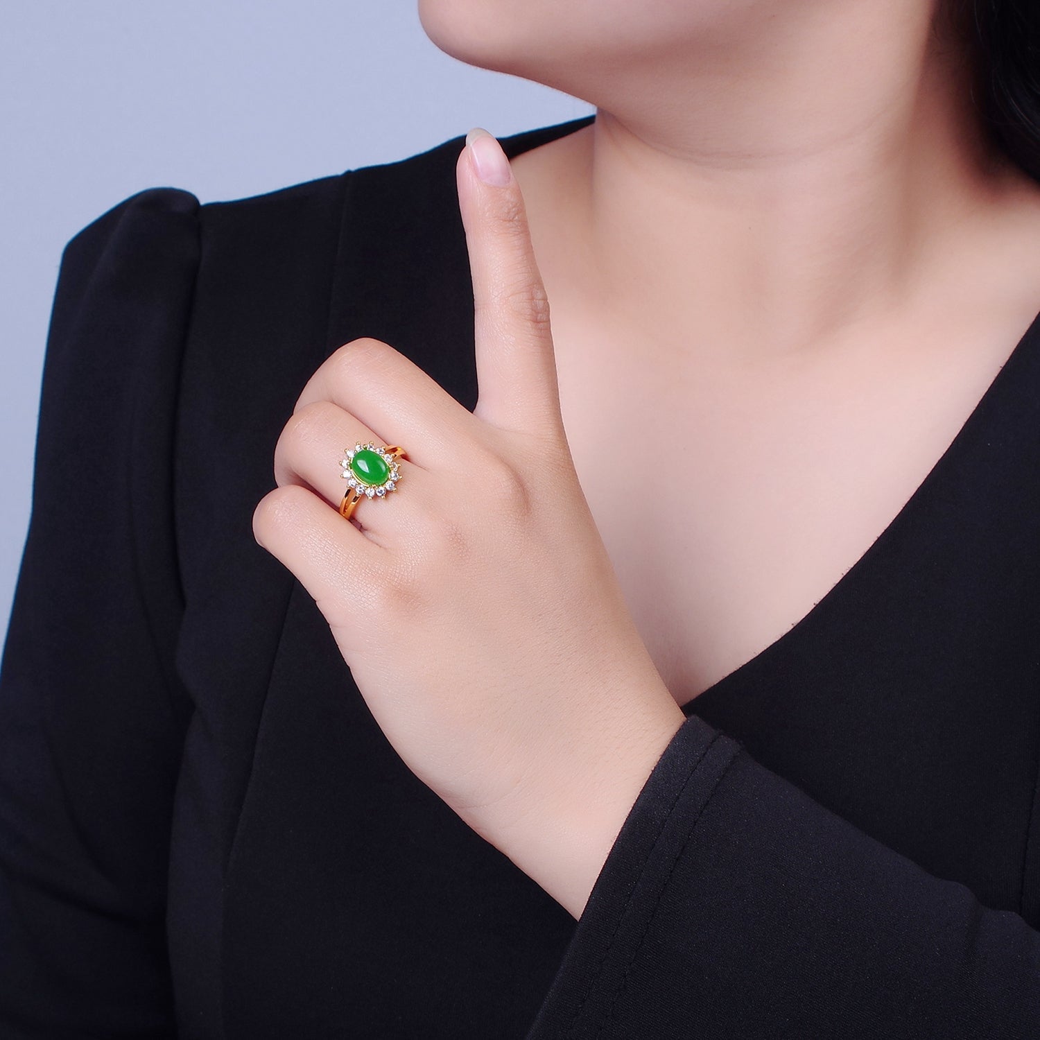 24K Gold Filled Celestial Sun Ring with Oval Green Jade Stone P-301 - DLUXCA