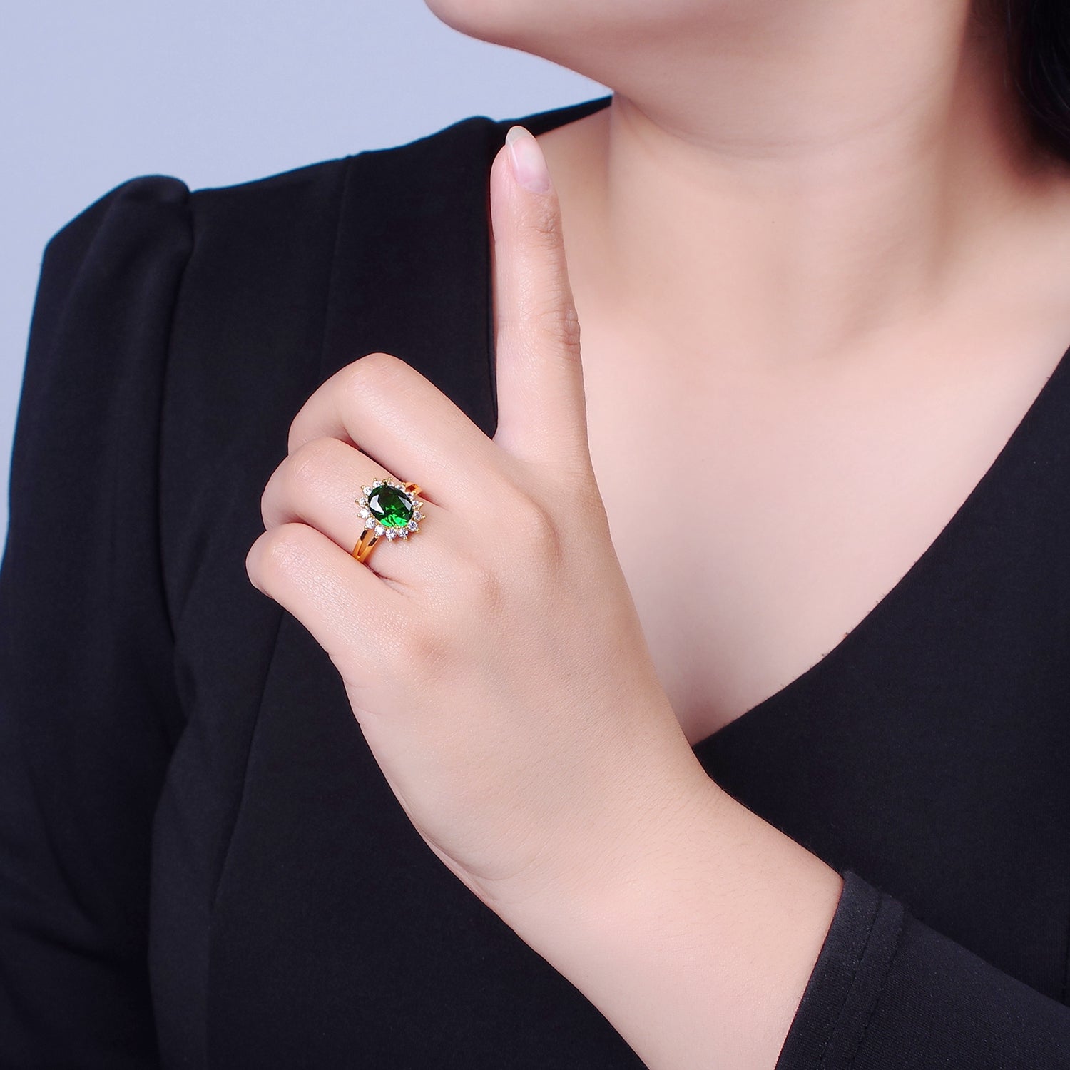 24K Gold Filled Celestial Sun Ring with Oval Emerald Green Cubic Zirconia CZ V-540 - DLUXCA