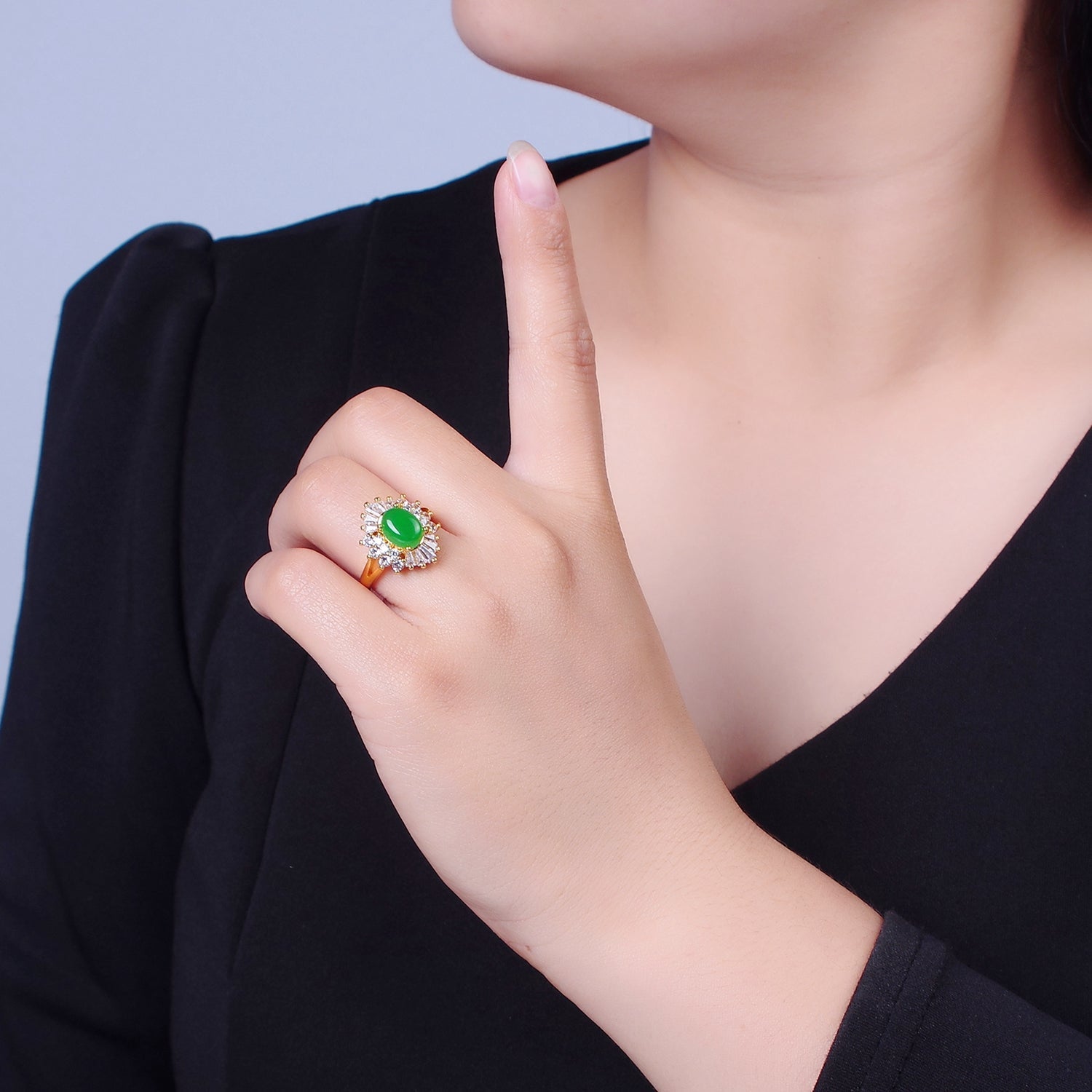 24K Gold Filled Green Jade Sunburst Baguette Round CZ Statement Ring P305 - DLUXCA