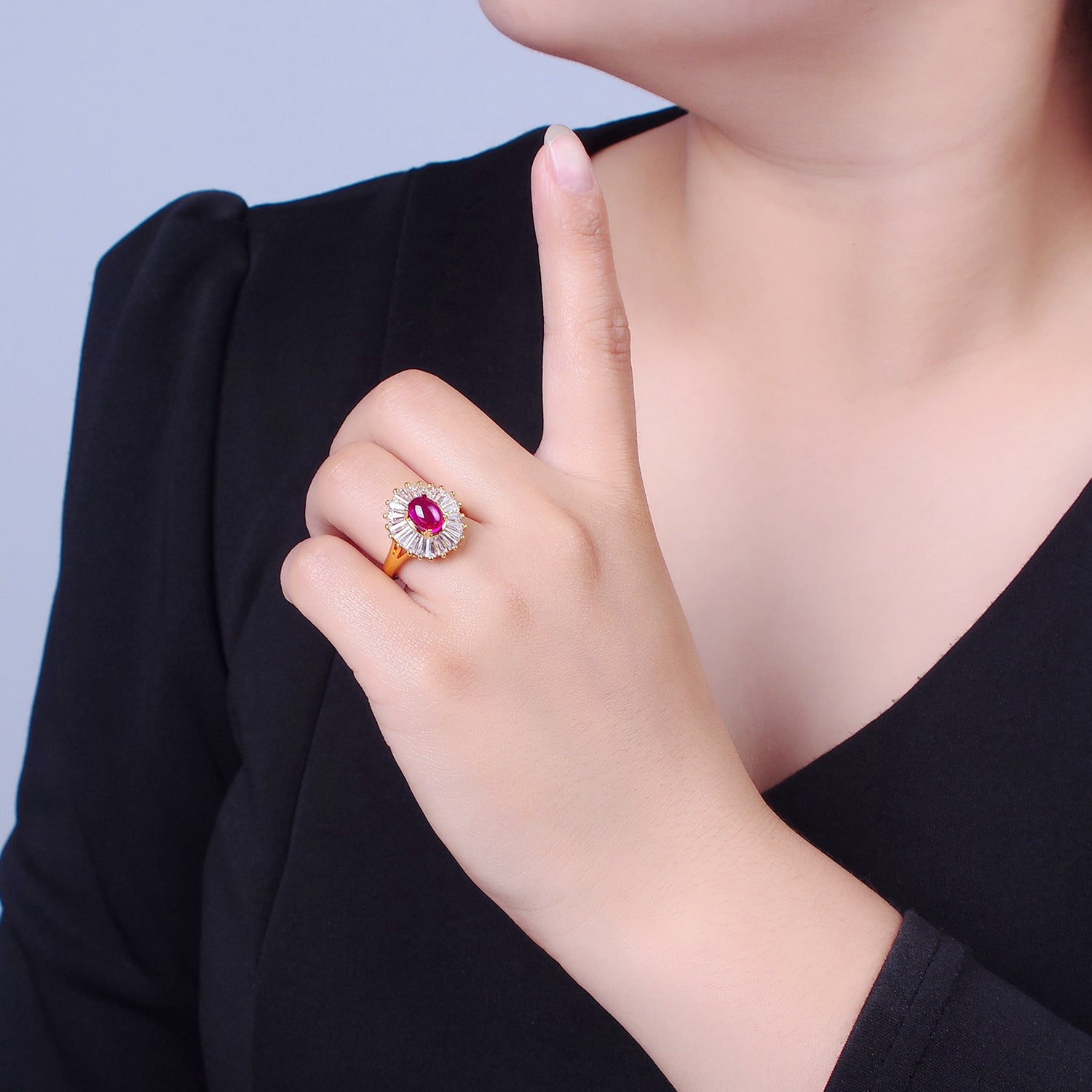 24K Gold Filled Fuchsia Pink Jade Ring, Round Baguette CZ Zirconia P-306 - DLUXCA