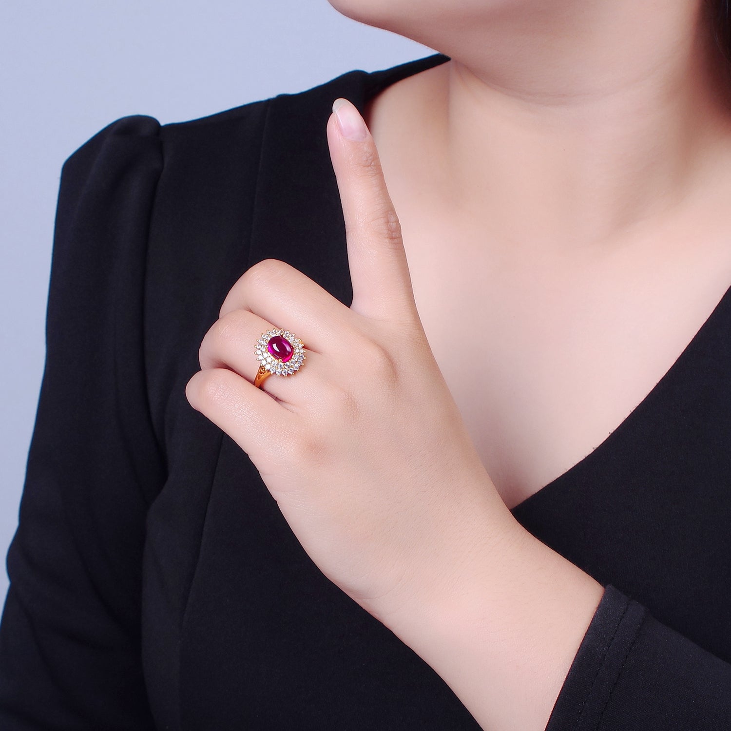 Oval Fuchsia Pink Jade Ring, Cubic Zirconia Sunflower Ring, P313 - DLUXCA