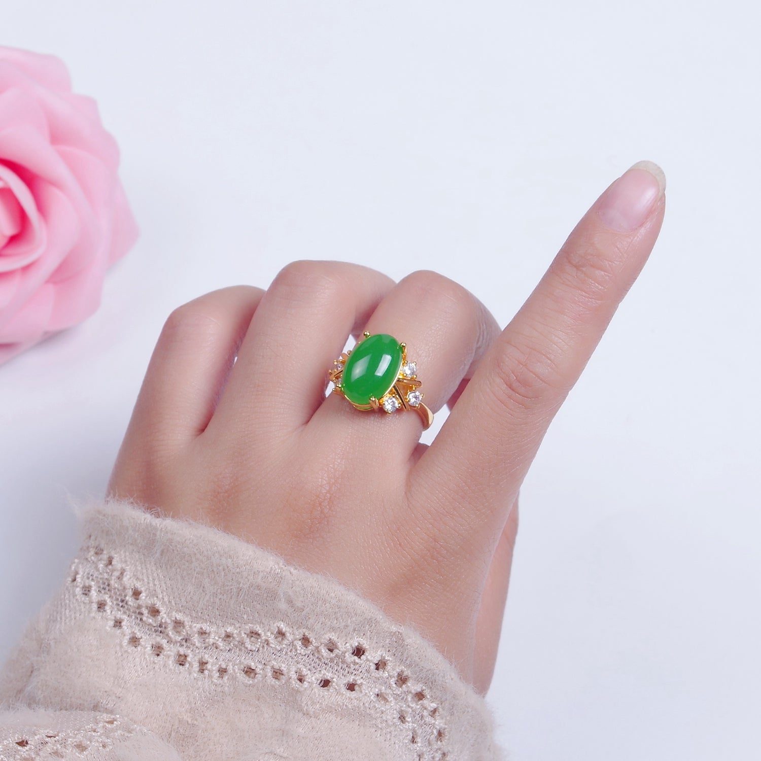 Oval Green Jade Statement Ring, V-539 - DLUXCA