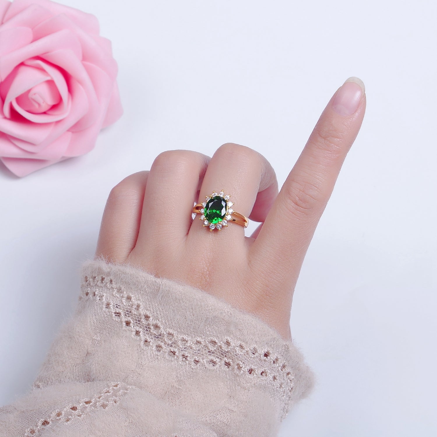 24K Gold Filled Celestial Sun Ring with Oval Emerald Green Cubic Zirconia CZ V-540 - DLUXCA