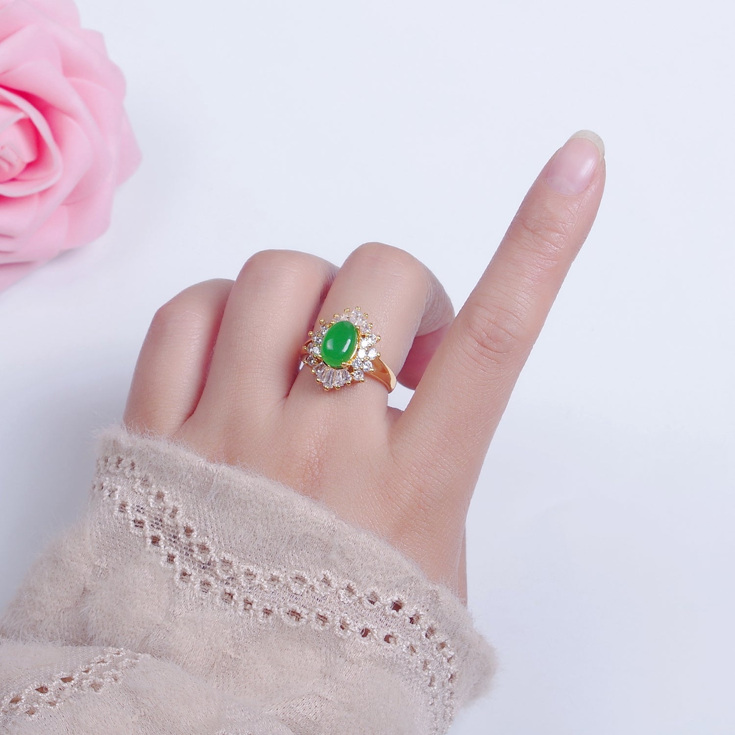 24K Gold Filled Green Jade Sunburst Baguette Round CZ Statement Ring P305 - DLUXCA