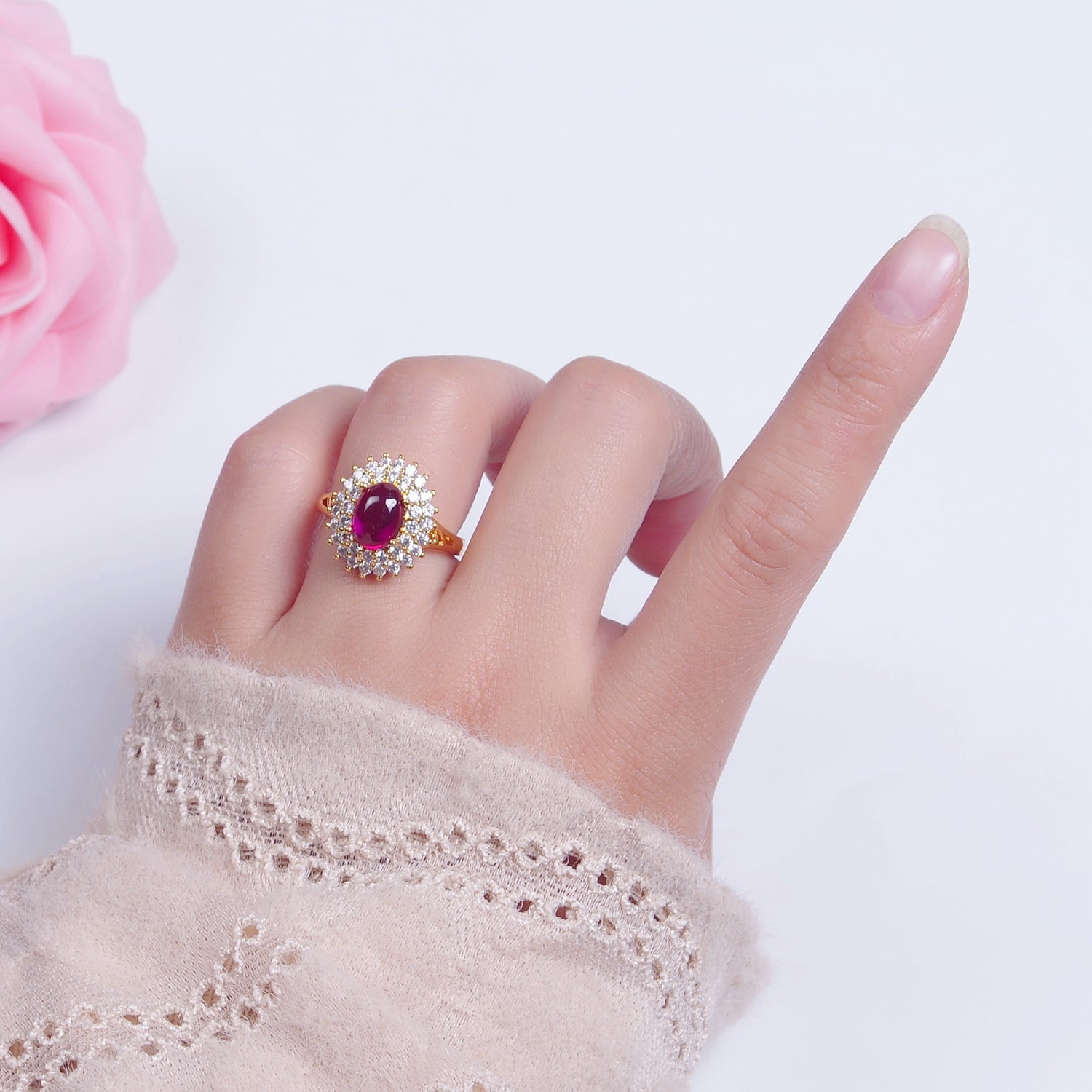 Oval Fuchsia Pink Jade Ring, Cubic Zirconia Sunflower Ring, P313 - DLUXCA